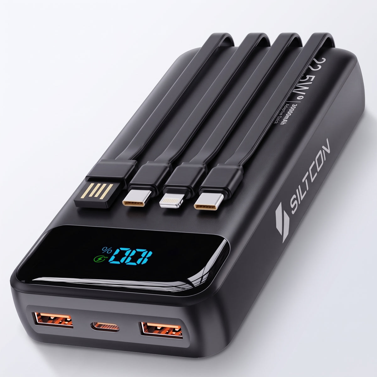Siltcon powerbank 30000 mAh met vier uitgetrokken kabels en drie poorten