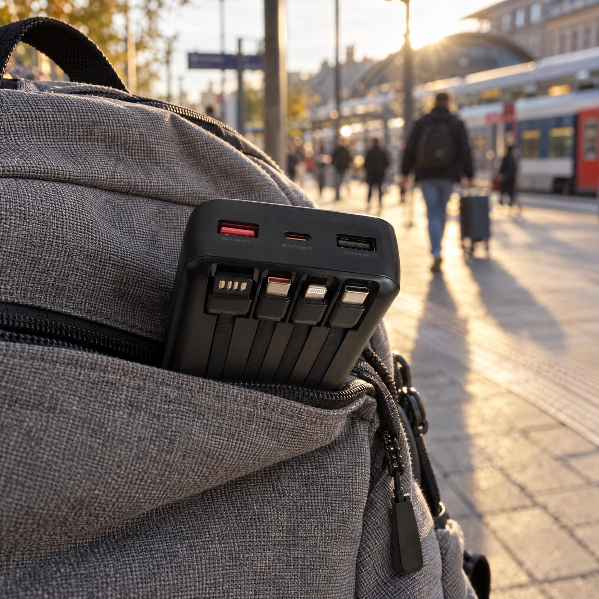 Siltcon powerbank in de voorzak van een rugzak bij het station