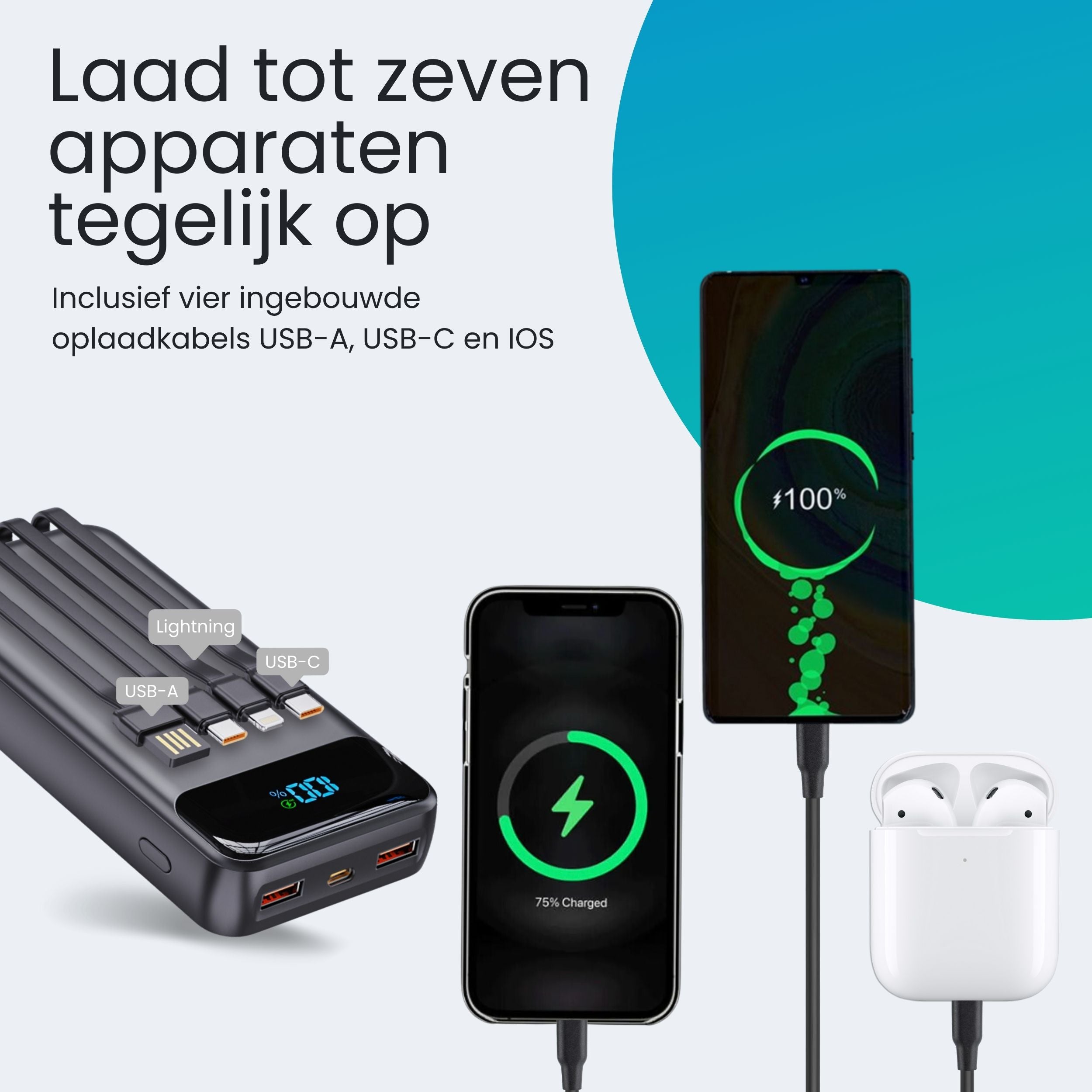 Siltcon Powerbank 30000 mAh – Snelladen & Ingebouwde Kabels