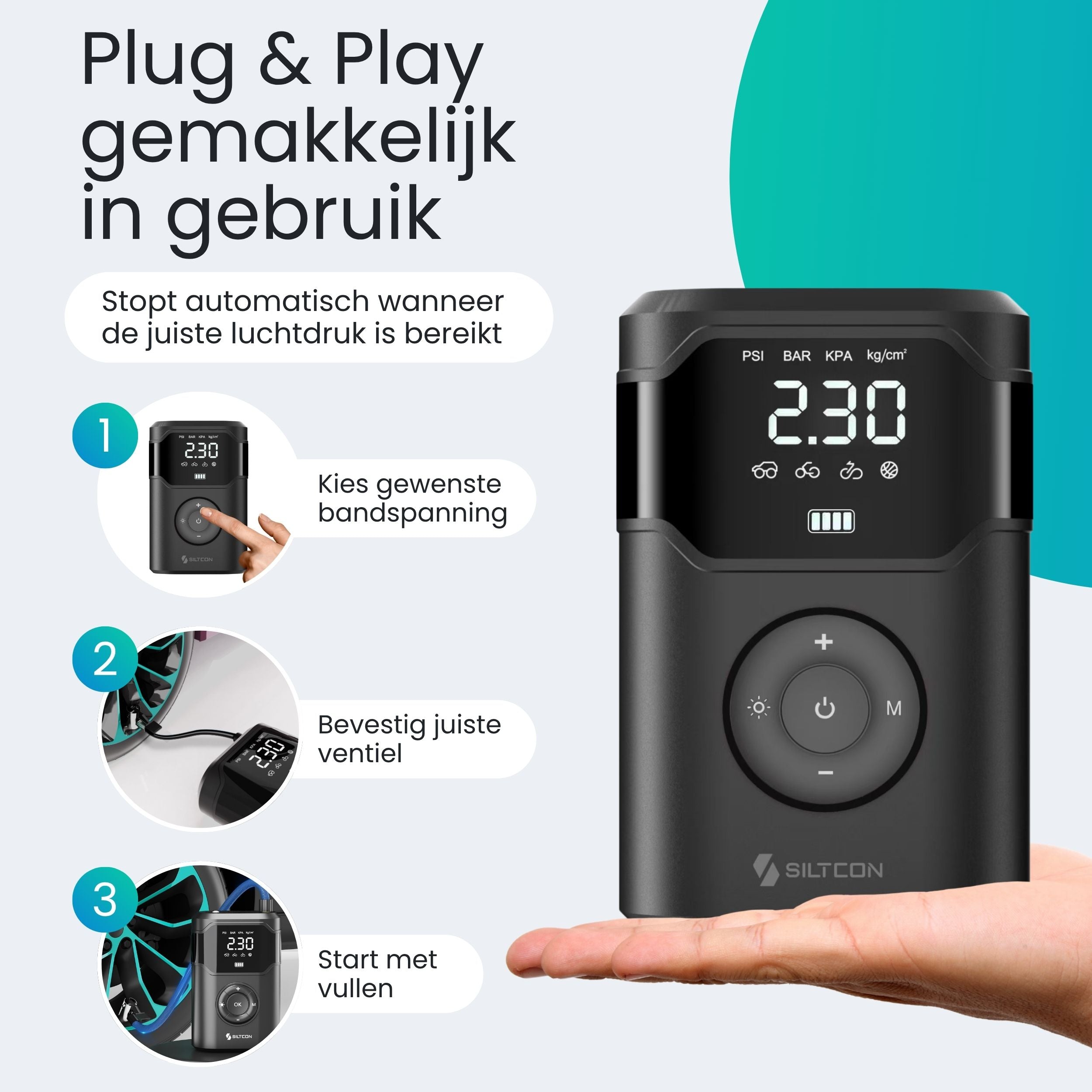 Siltcon Luchtcompressor – 30L/min – 10.5 bar automatische bandenpomp - Siltcon