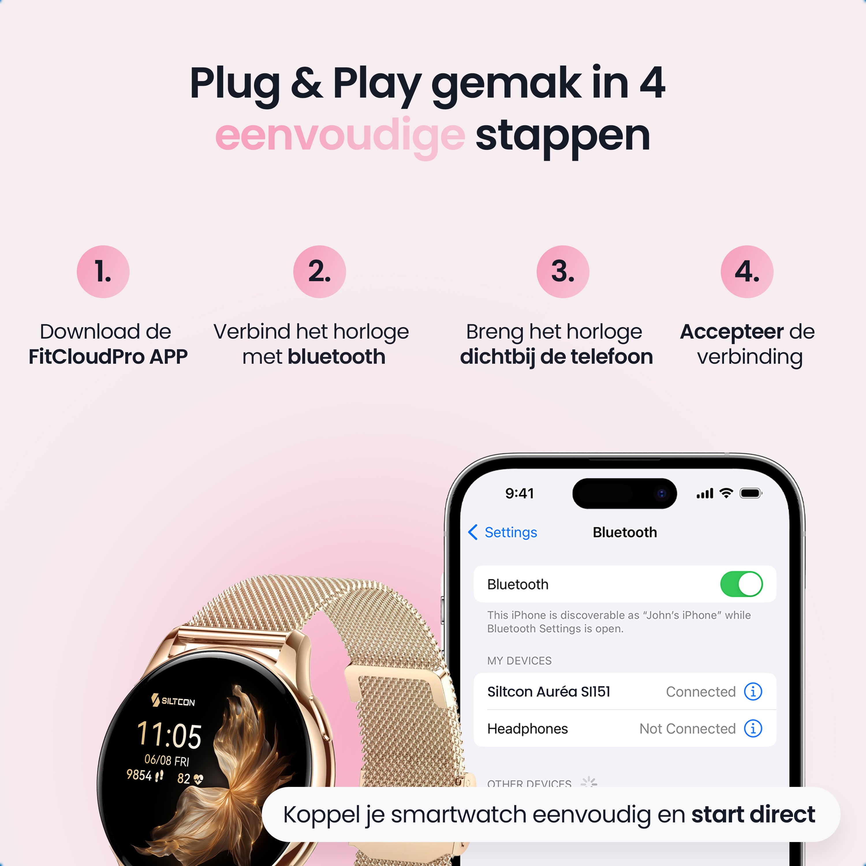 Siltcon Auréa Smartwatch Dames – Incl. 5 bandjes