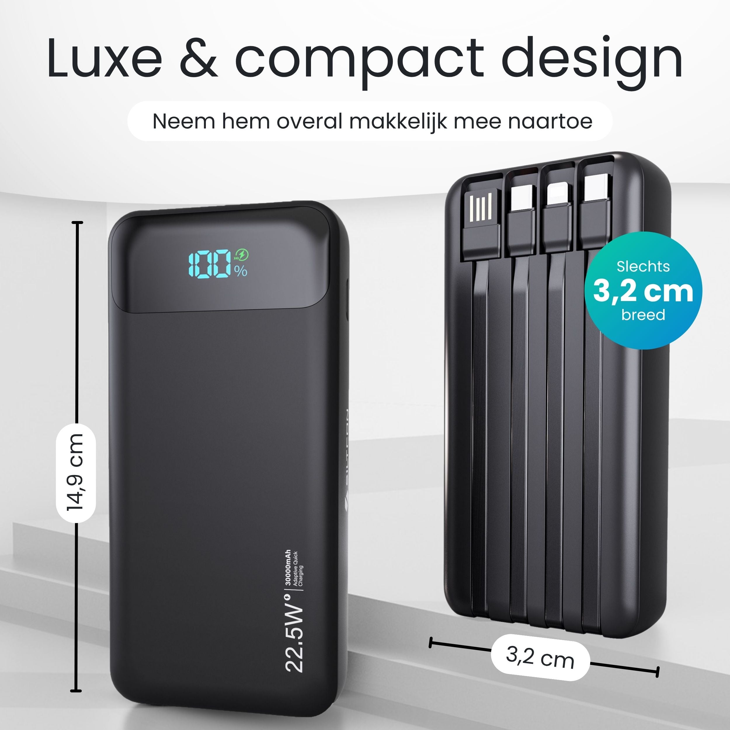 Siltcon Powerbank 30000 mAh – Snelladen & Ingebouwde Kabels
