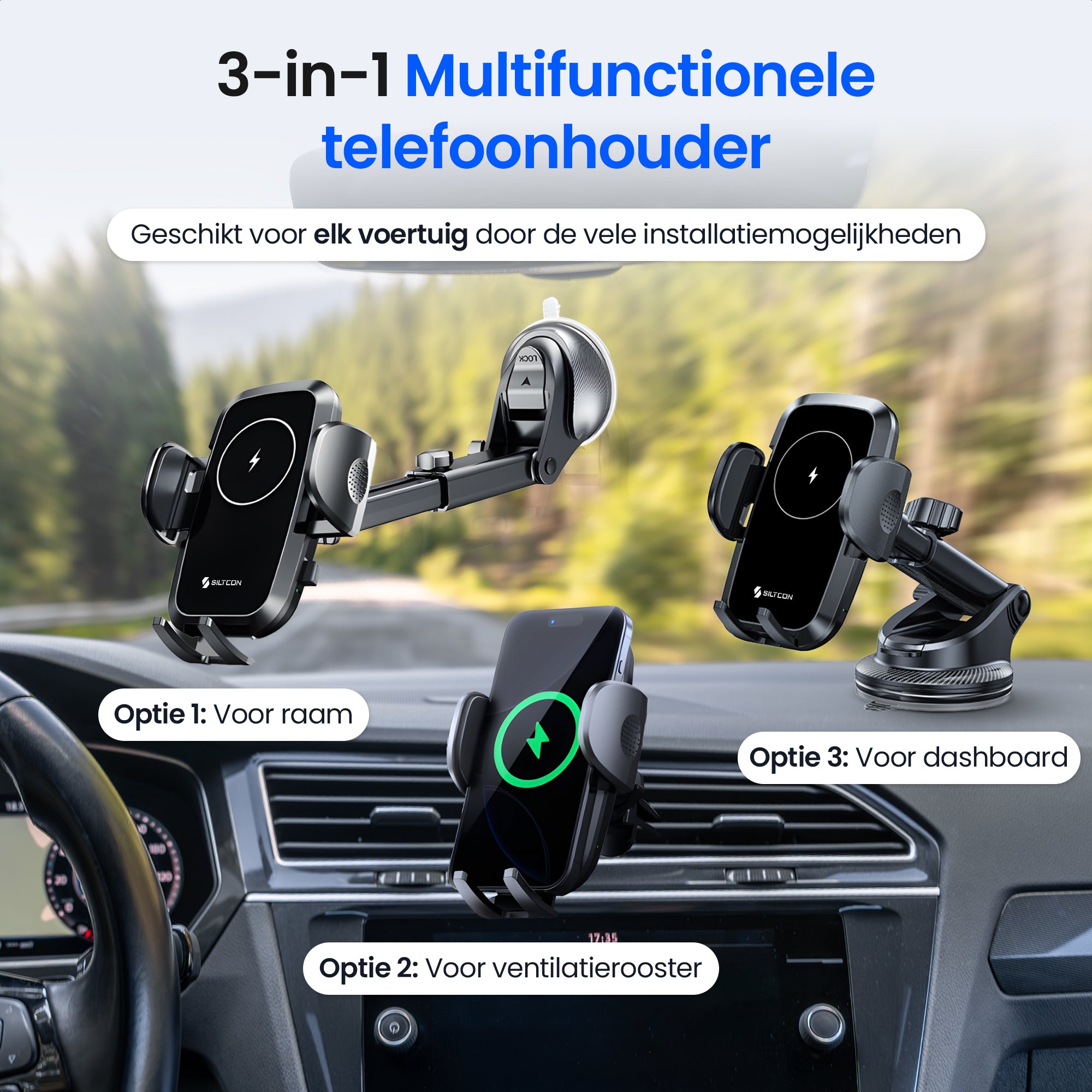 Siltcon® Telefoonhouder Auto met QI Draadloze Oplader