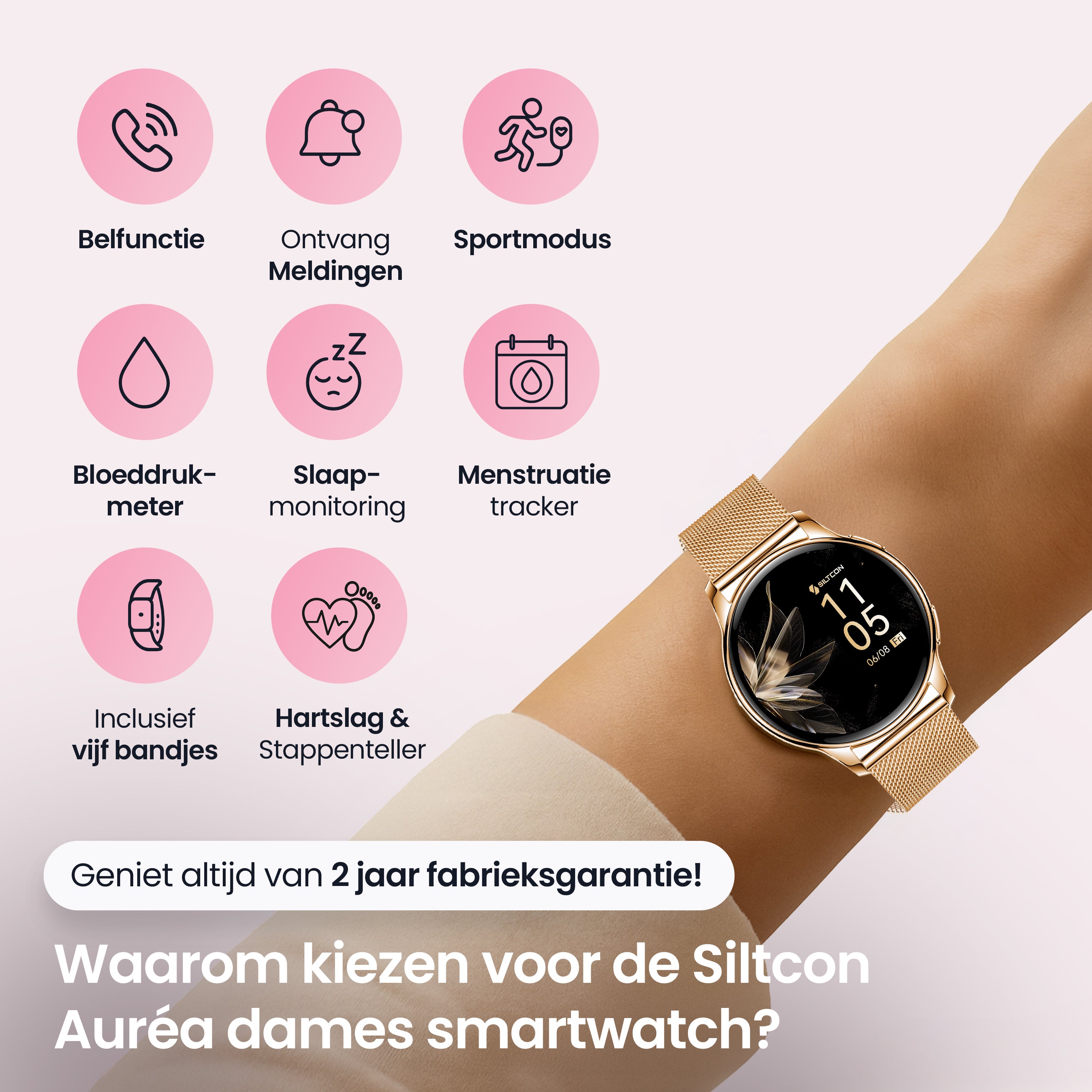 Siltcon Auréa Smartwatch Dames – Incl. 5 bandjes