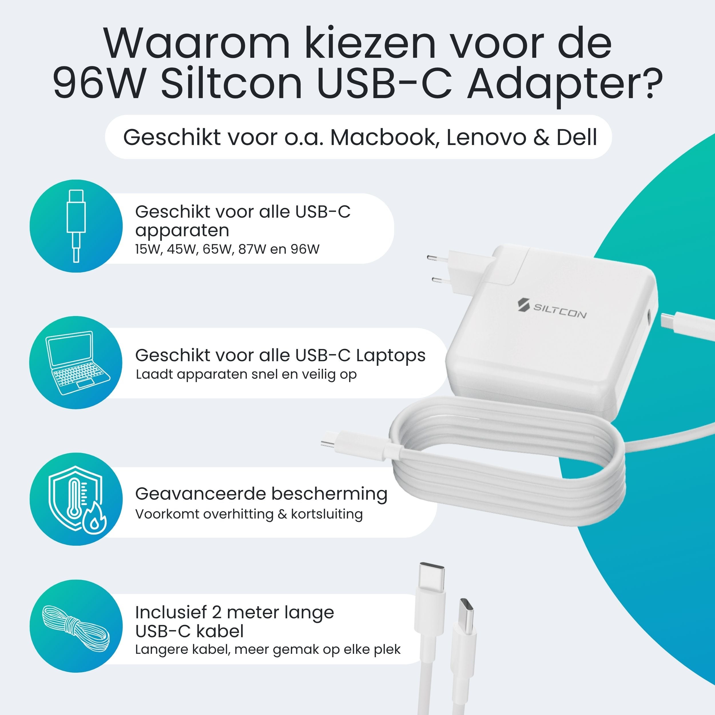 Siltcon USB-C Adapter 96W – Snellader MacBook, iPhone & Laptop