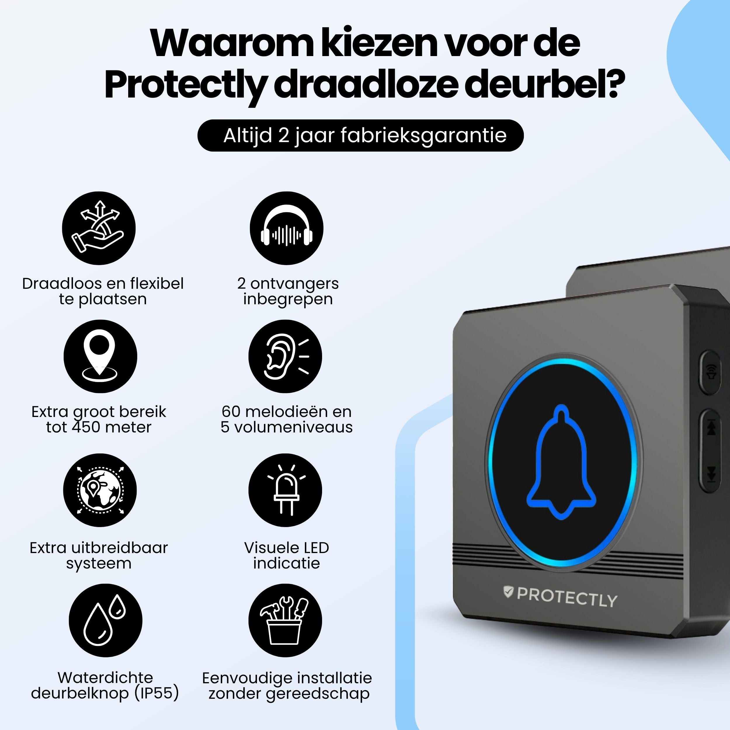 Protectly Draadloze Deurbel met 2 Ontvangers & LED-indicatie