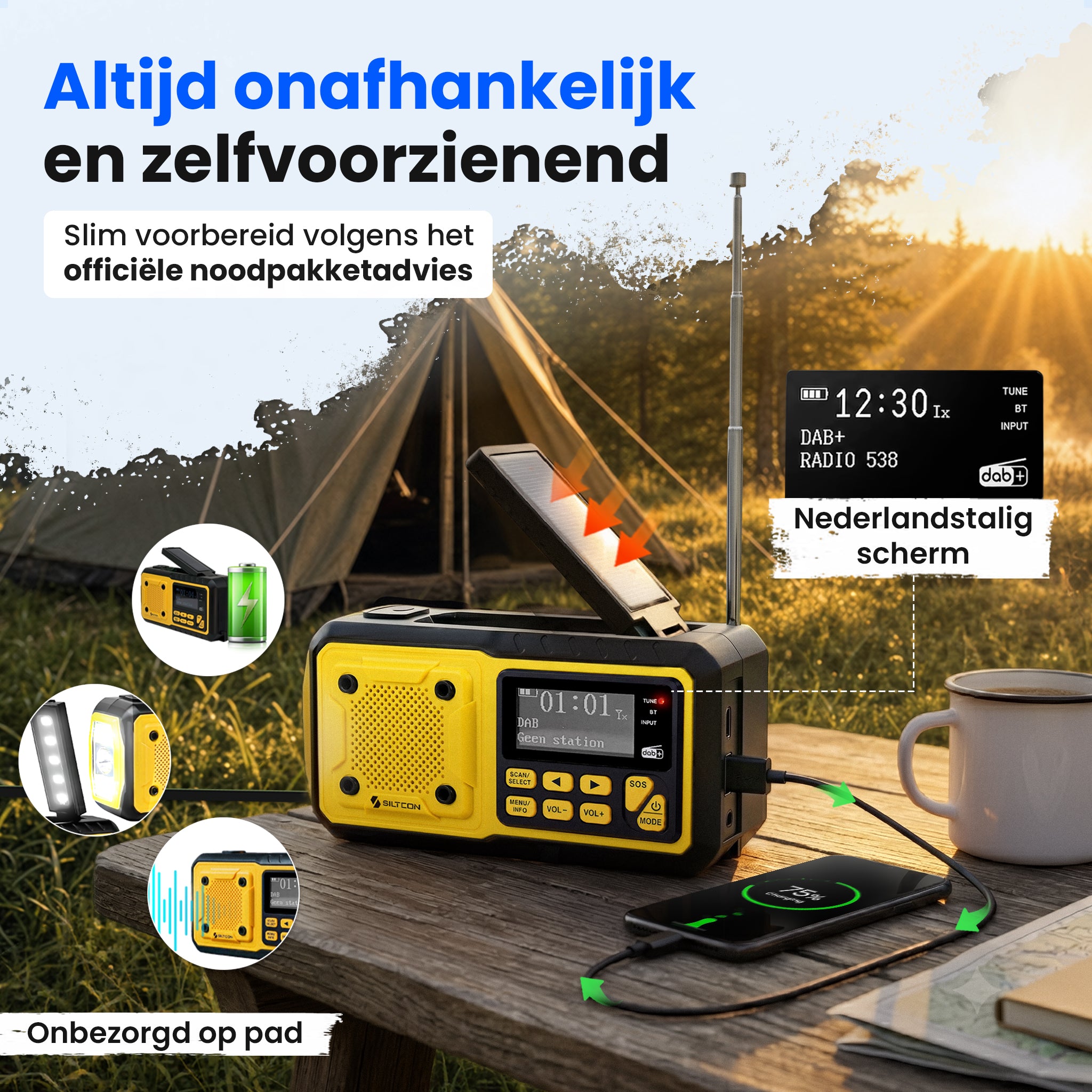 Siltcon® Noodradio DAB+ Opwindbaar – Solar Radio met Powerbank