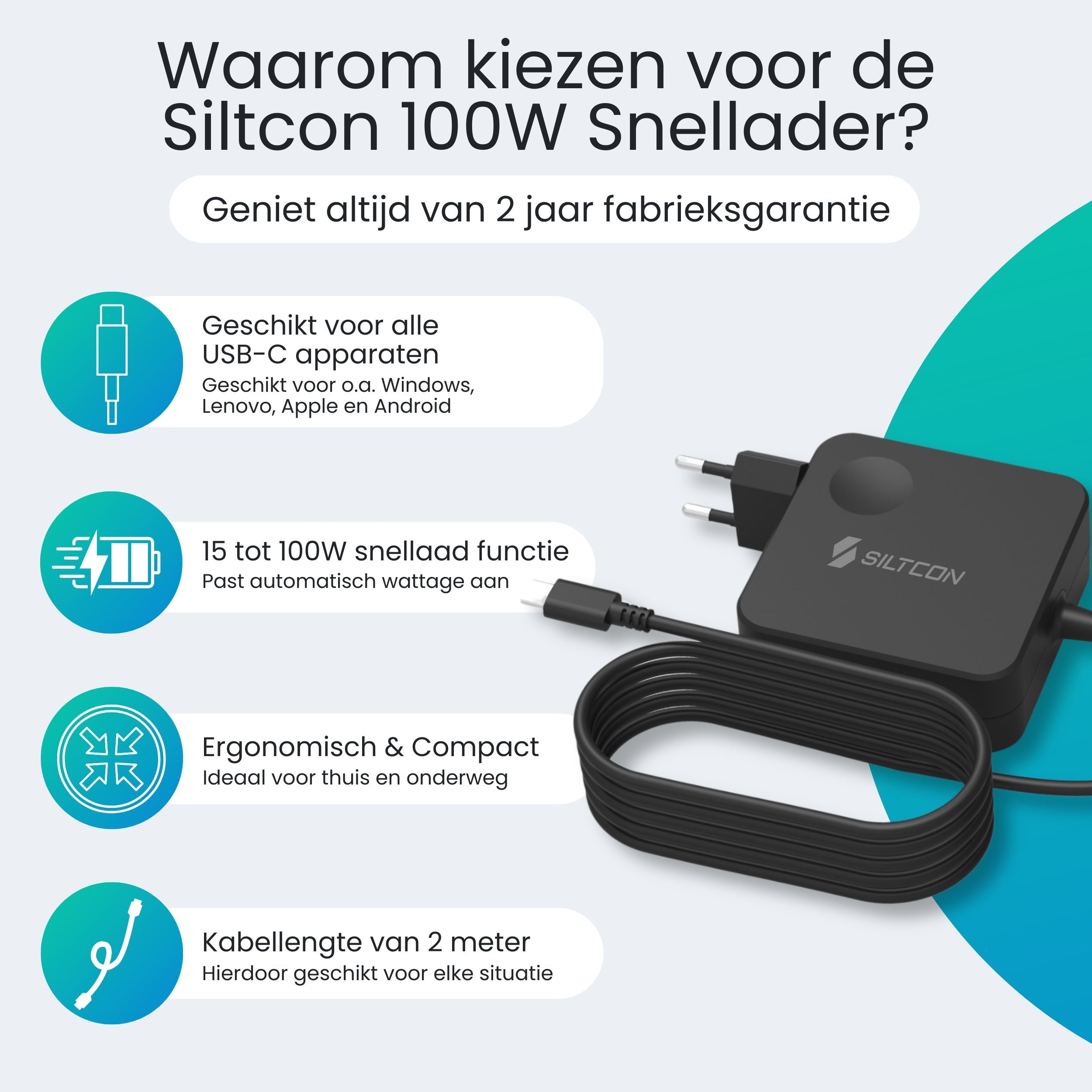 Siltcon 100W USB C Adapter – Snellader voor Laptop & Smartphone