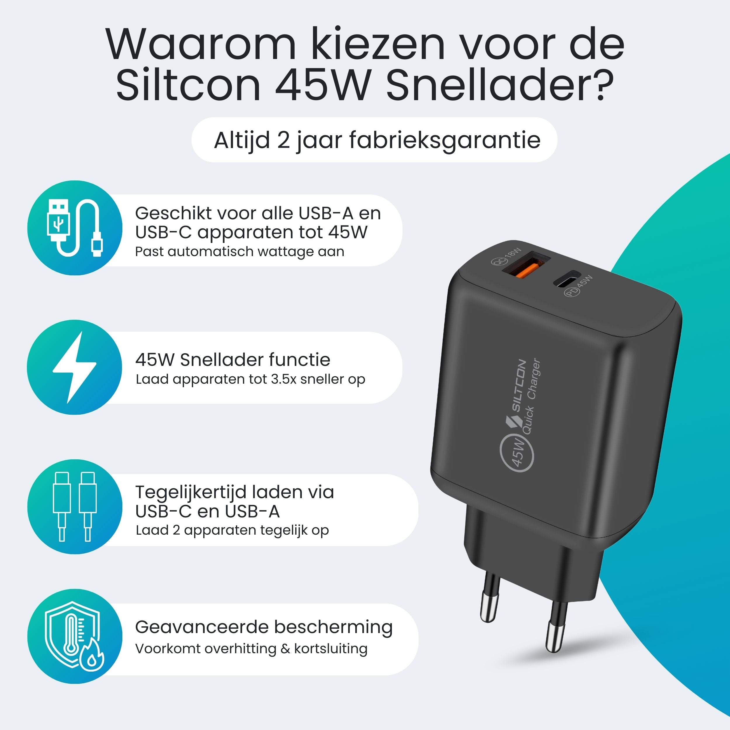 Siltcon 45W USB-C Snellader – Supersnel & Universeel Opladen