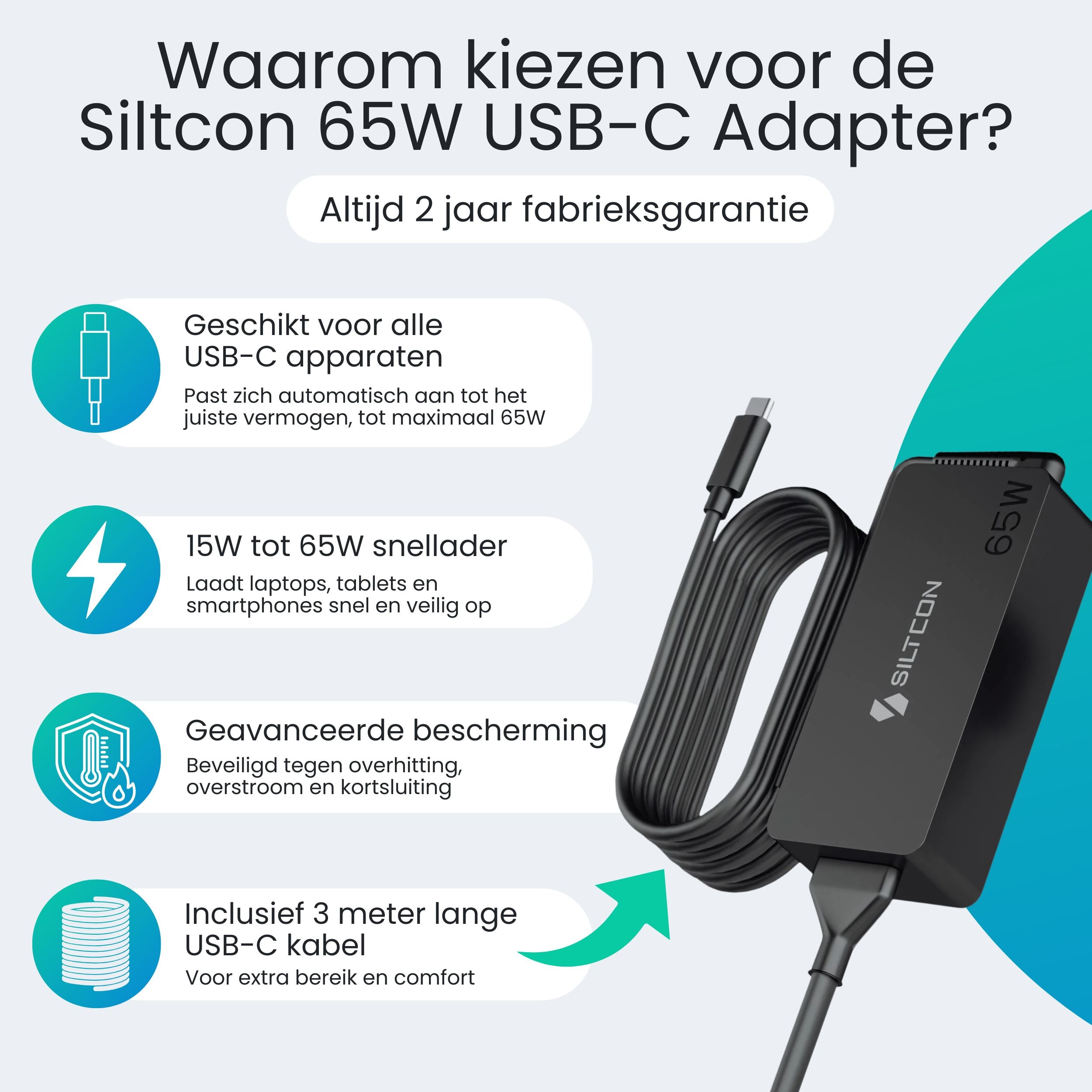 Siltcon 65W USB-C Adapter – Snelladen zonder gewicht – Universeel voor al je apparaten