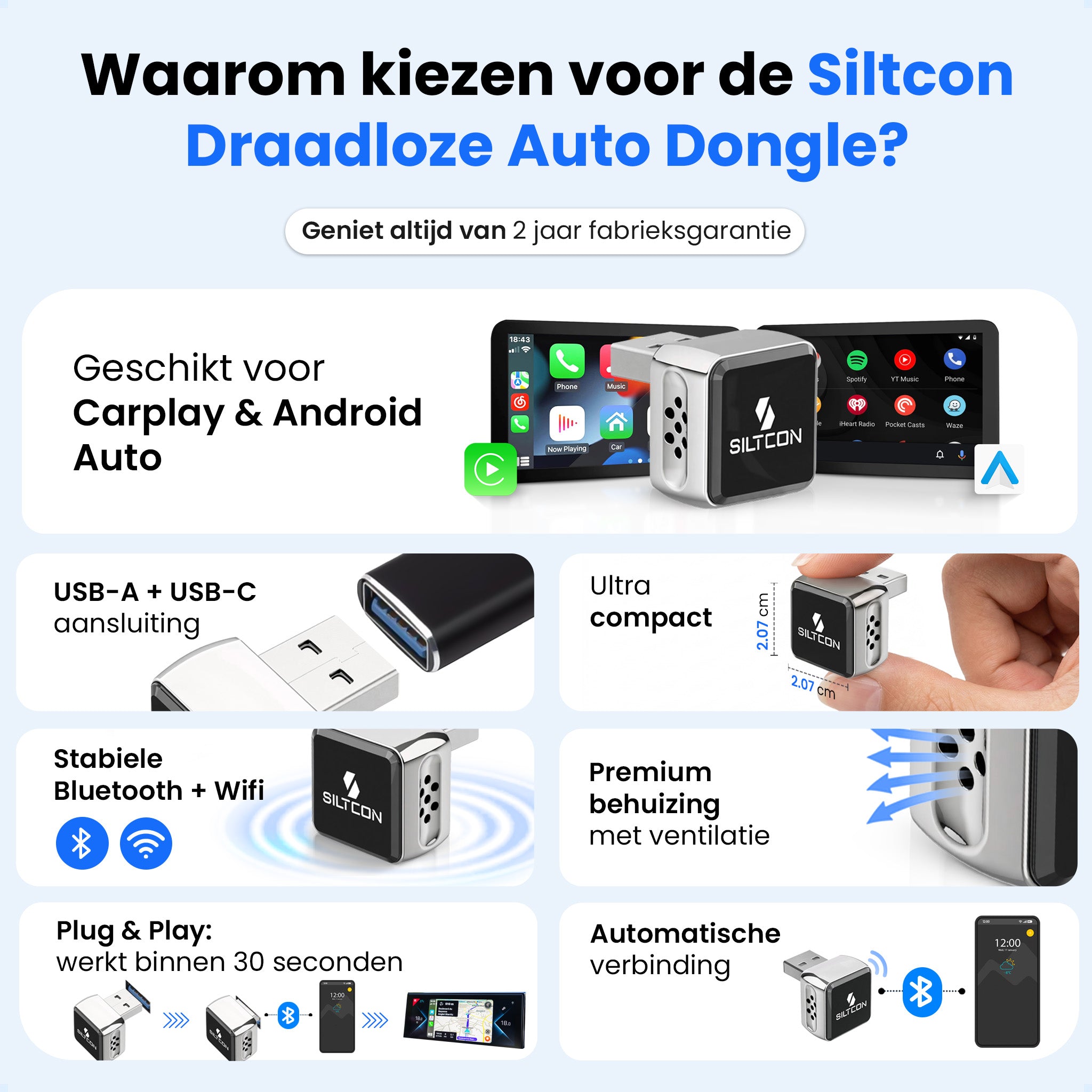Siltcon® Ultra Compact 2-in-1 Geschikt voor Draadloos Carplay Dongle