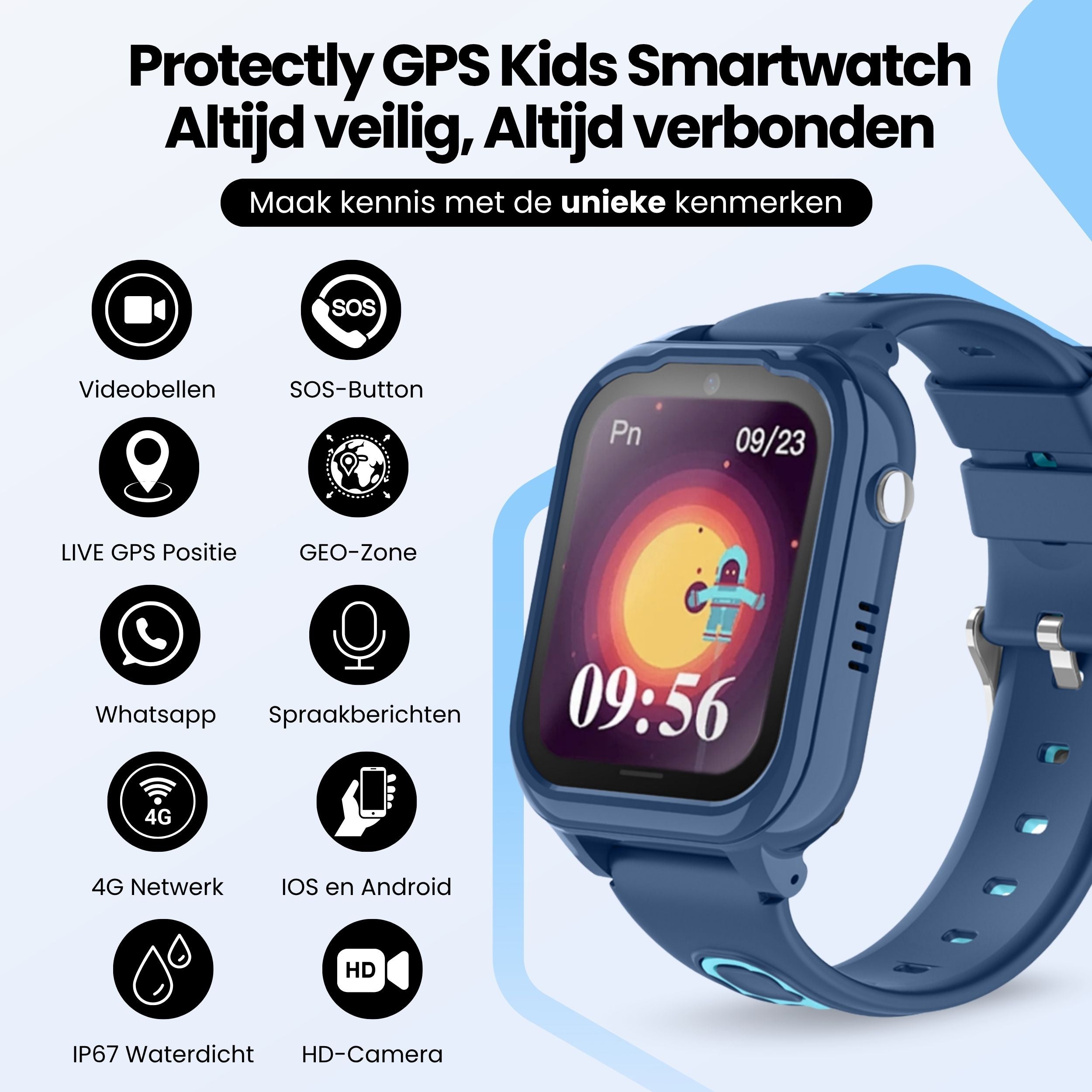 Protectly Kids Smartwatch – GPS horloge kinderen – Smartwatch kind met bellen - Blauw