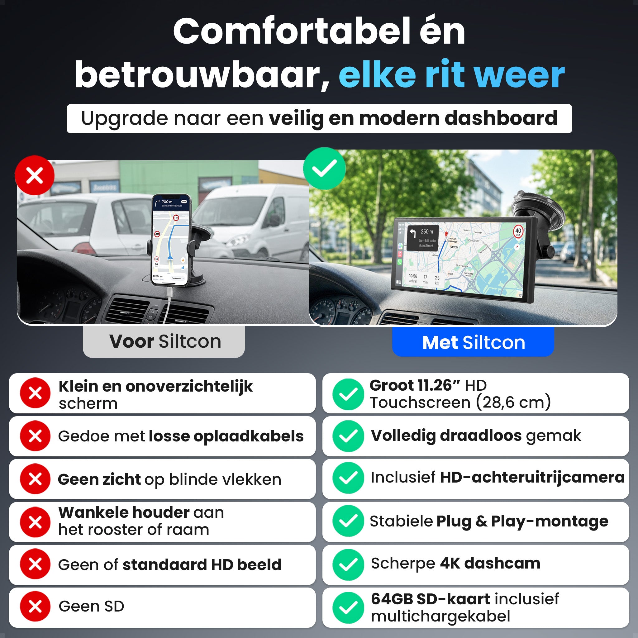Siltcon® 11.26" Carplay / Android Auto Scherm & 4K Dashcam