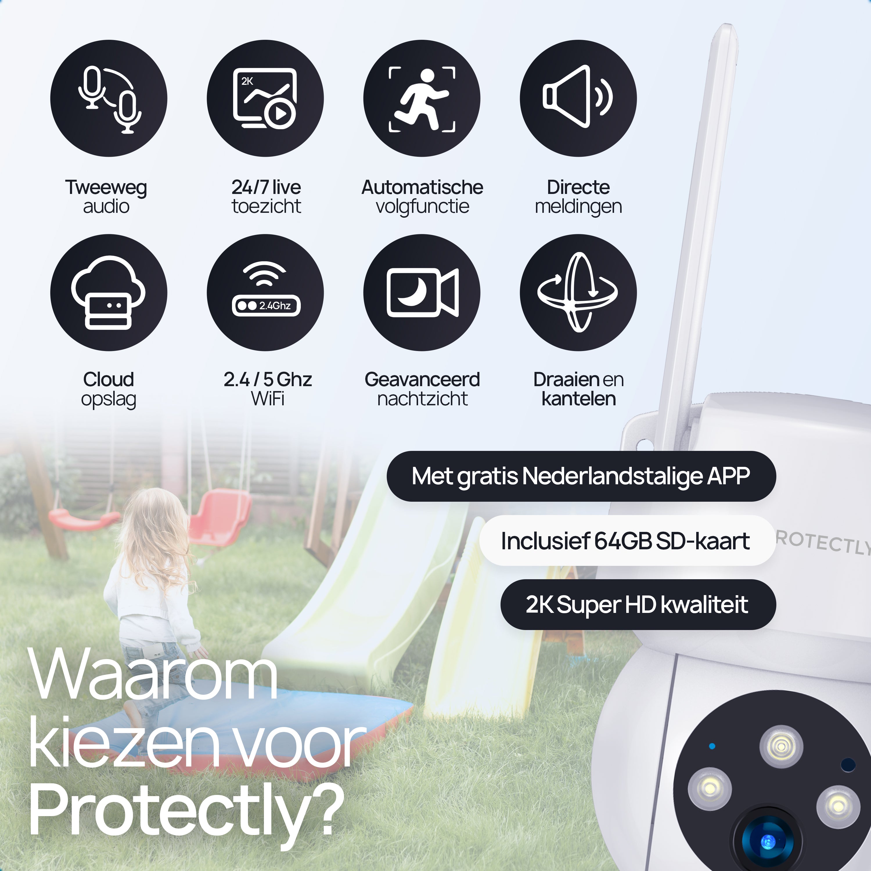 Protectly Beveiligingscamera Buiten 2K 3MP Wit – Nachtzicht & Appbediening
