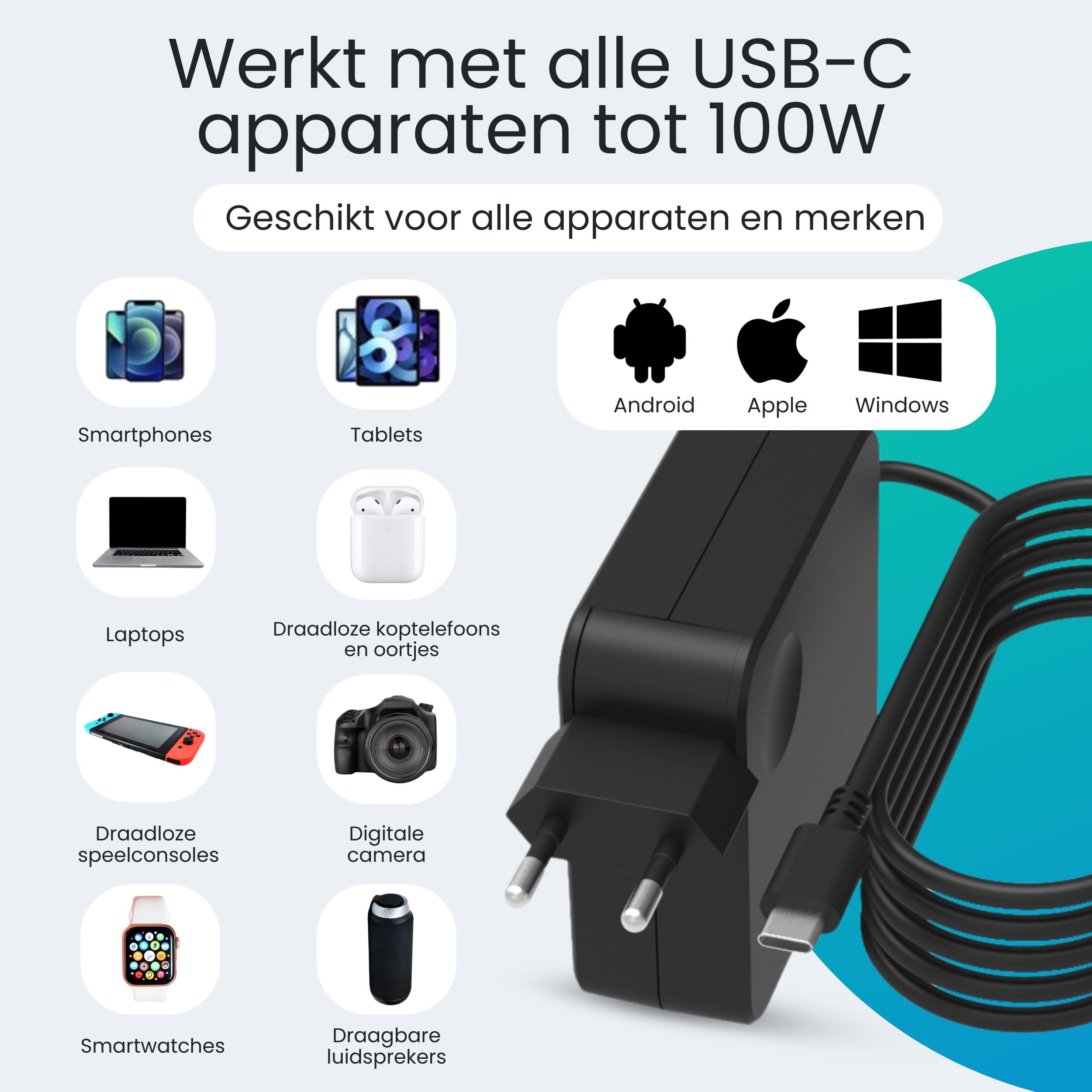 Siltcon 100W USB C Adapter – Snellader voor Laptop & Smartphone