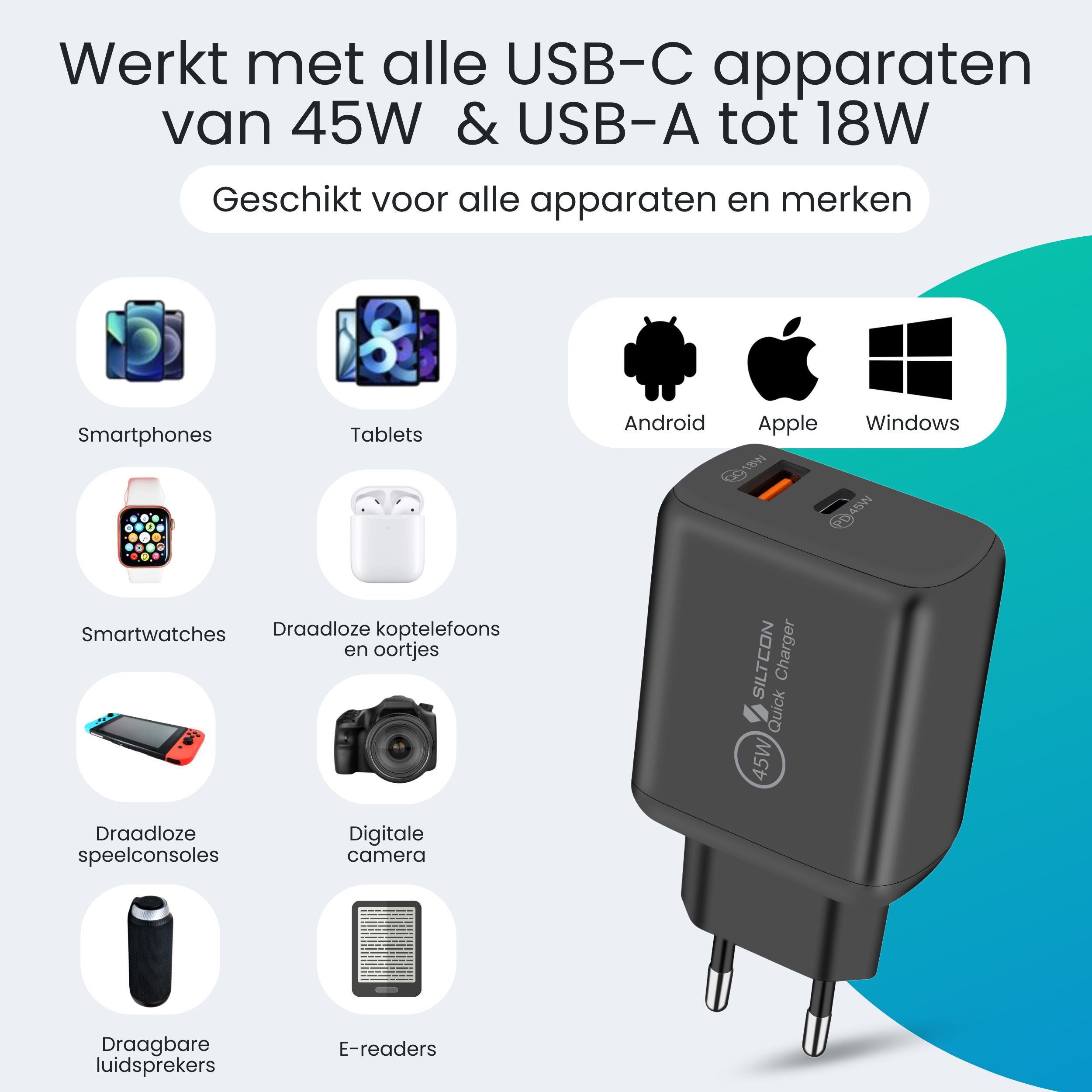 Siltcon 45W USB-C Snellader – Supersnel & Universeel Opladen