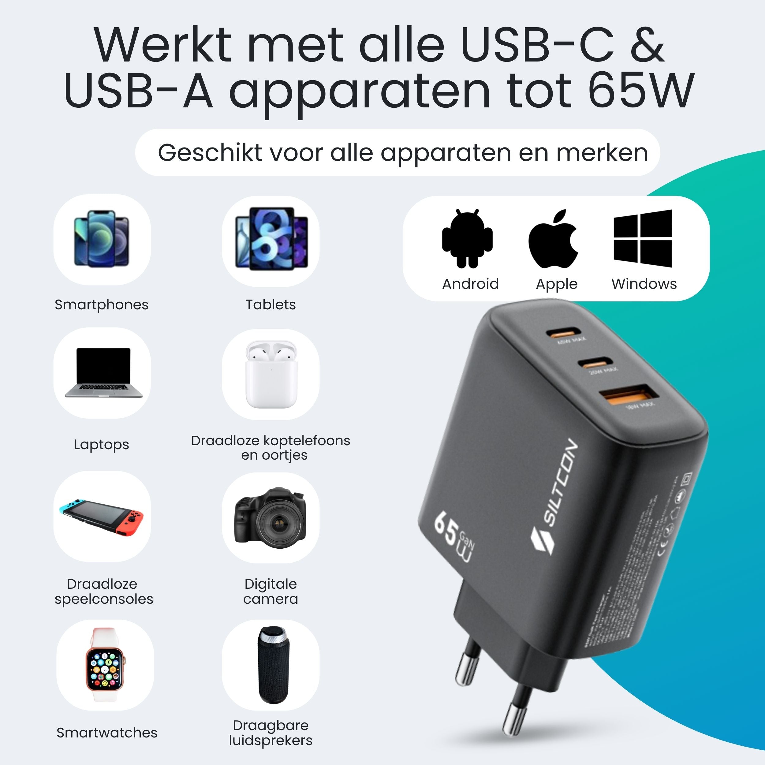Siltcon 65W USB-C Adapter – Snellader voor Laptop & iPhone