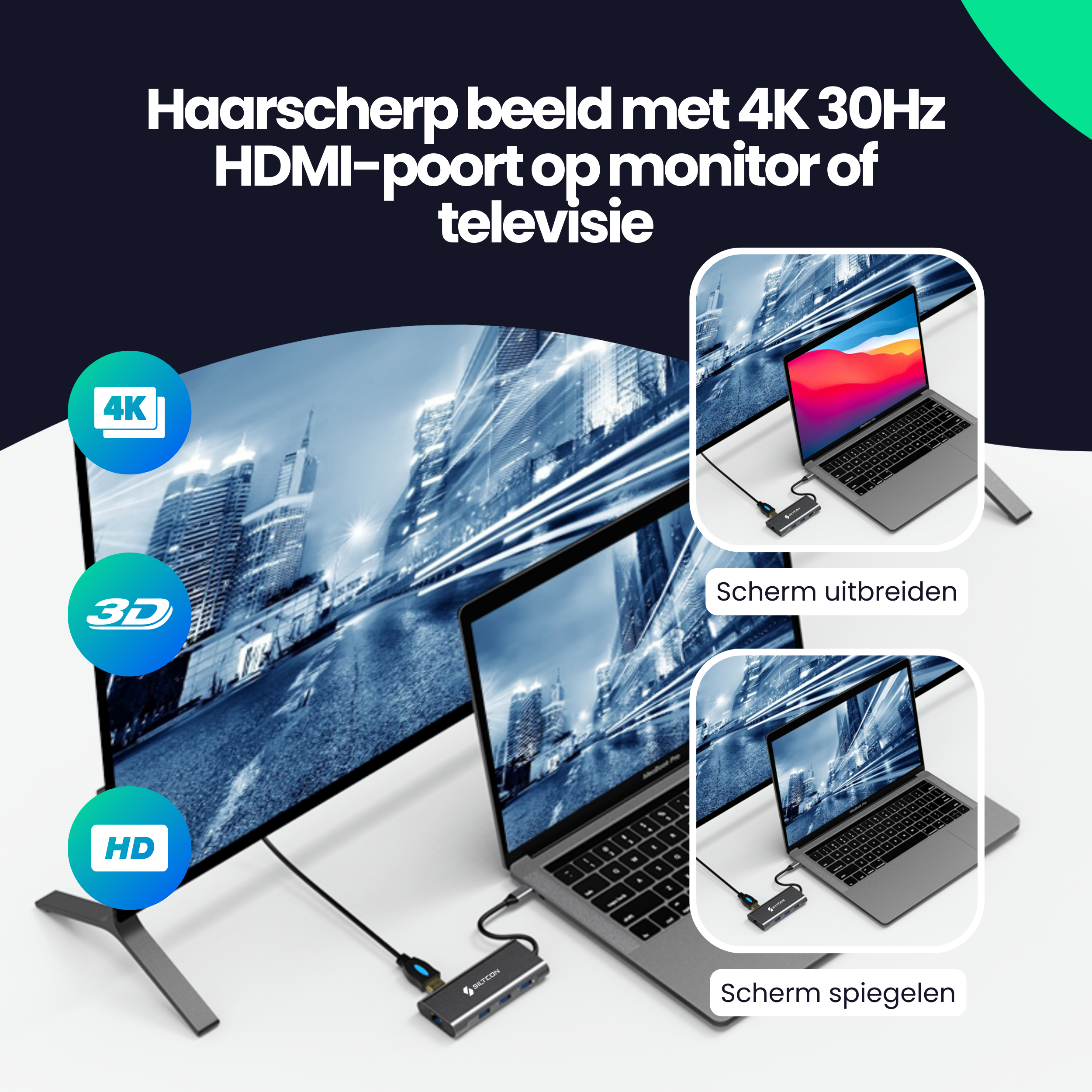 Siltcon 8-in-1 USB C Hub – USB C naar HDMI Hub - Siltcon