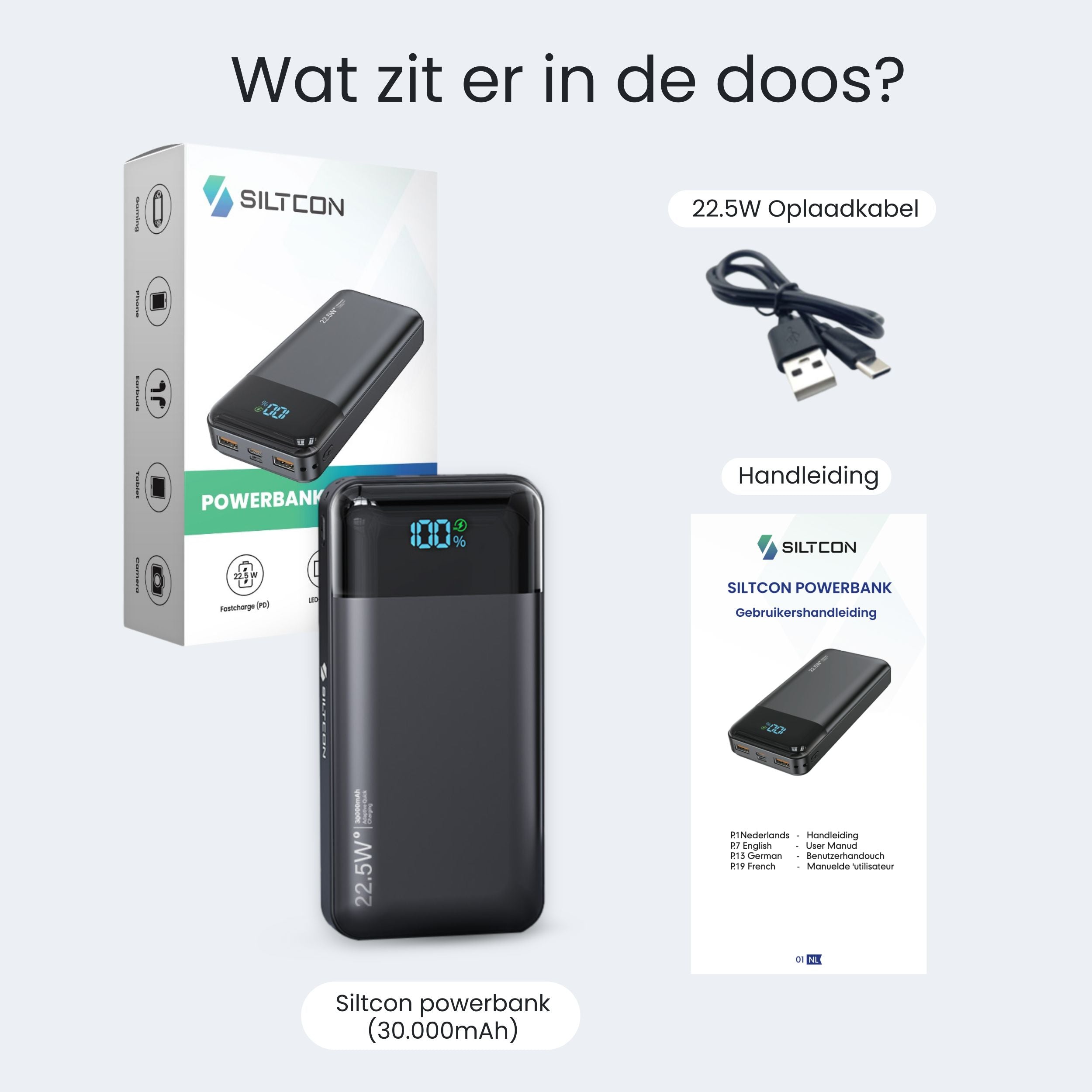 Siltcon Powerbank 30000 mAh – Snelladen & LED Display