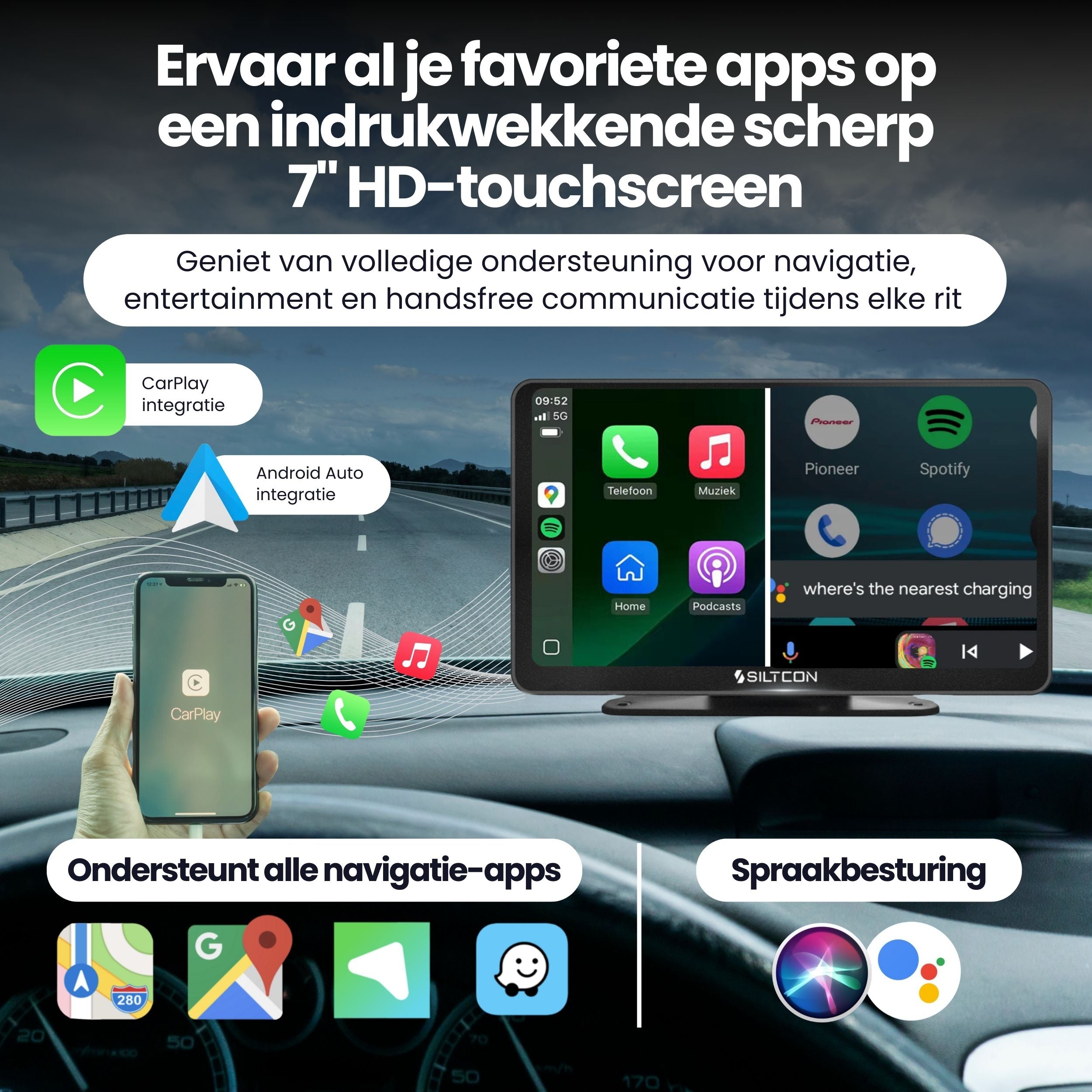 Siltcon CarPlay Scherm 7 Inch – Geschikt voor Apple & Android – Draadloos gebruik