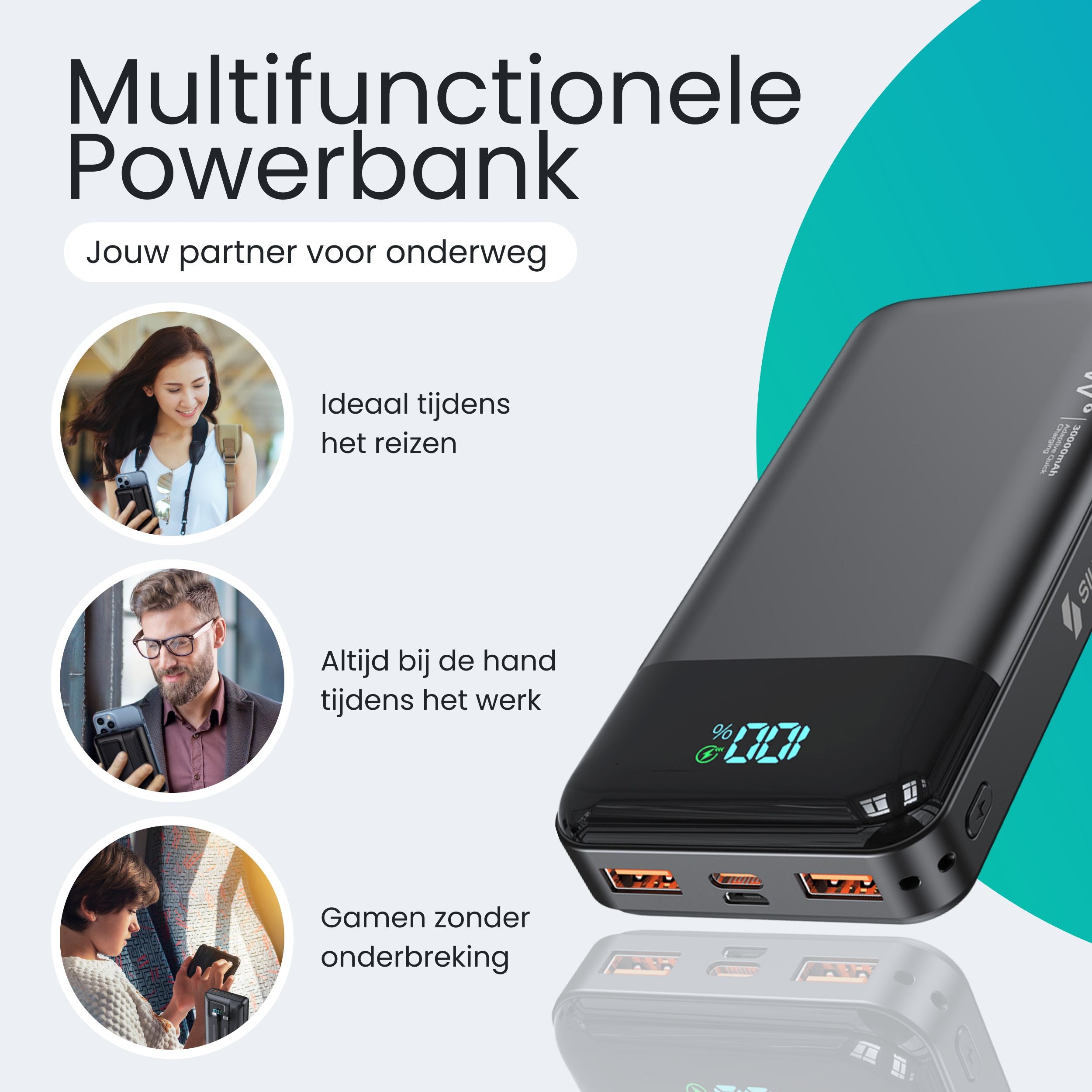 Siltcon Powerbank 30000 mAh – Snelladen & LED Display