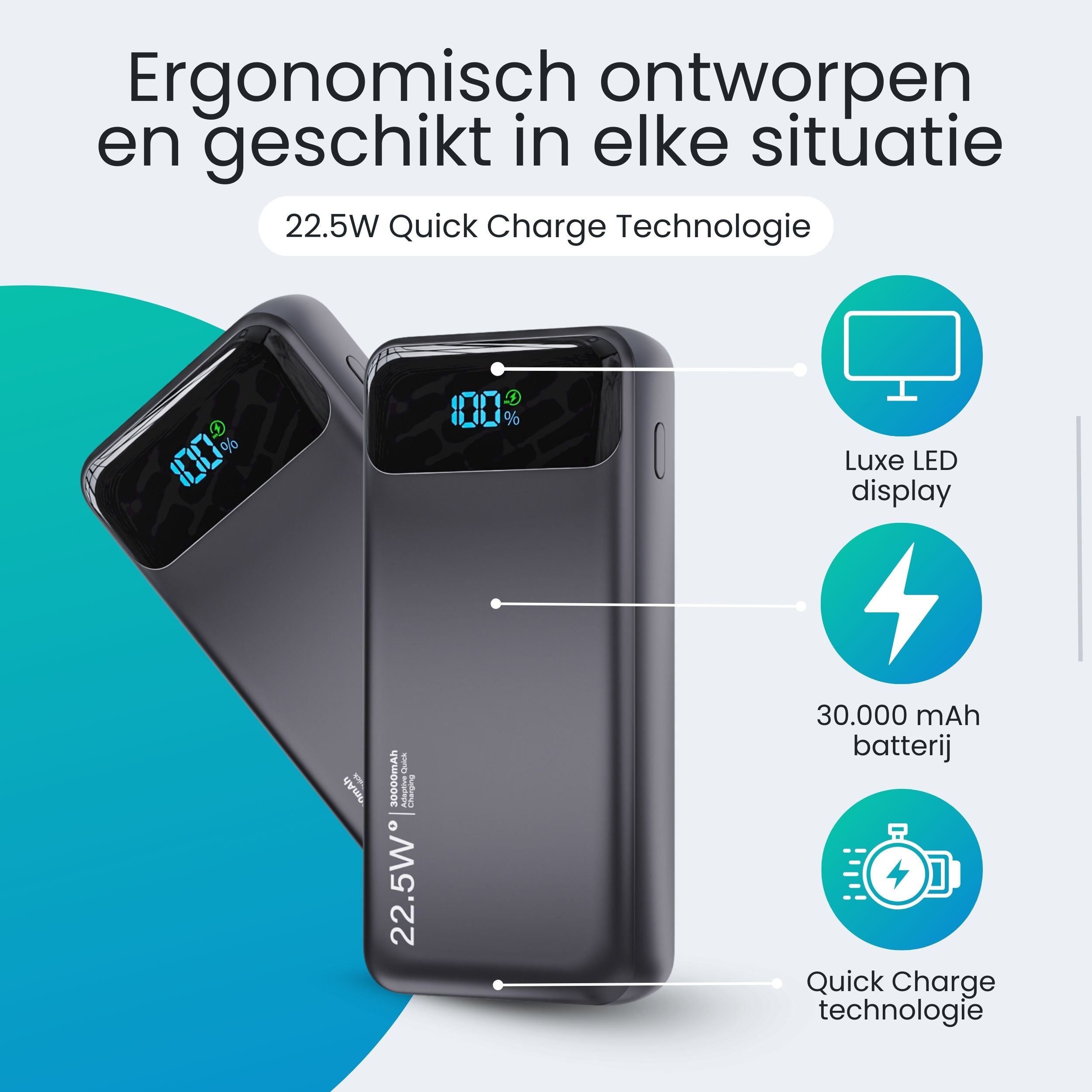Siltcon Powerbank 30000 mAh – Snelladen & Ingebouwde Kabels