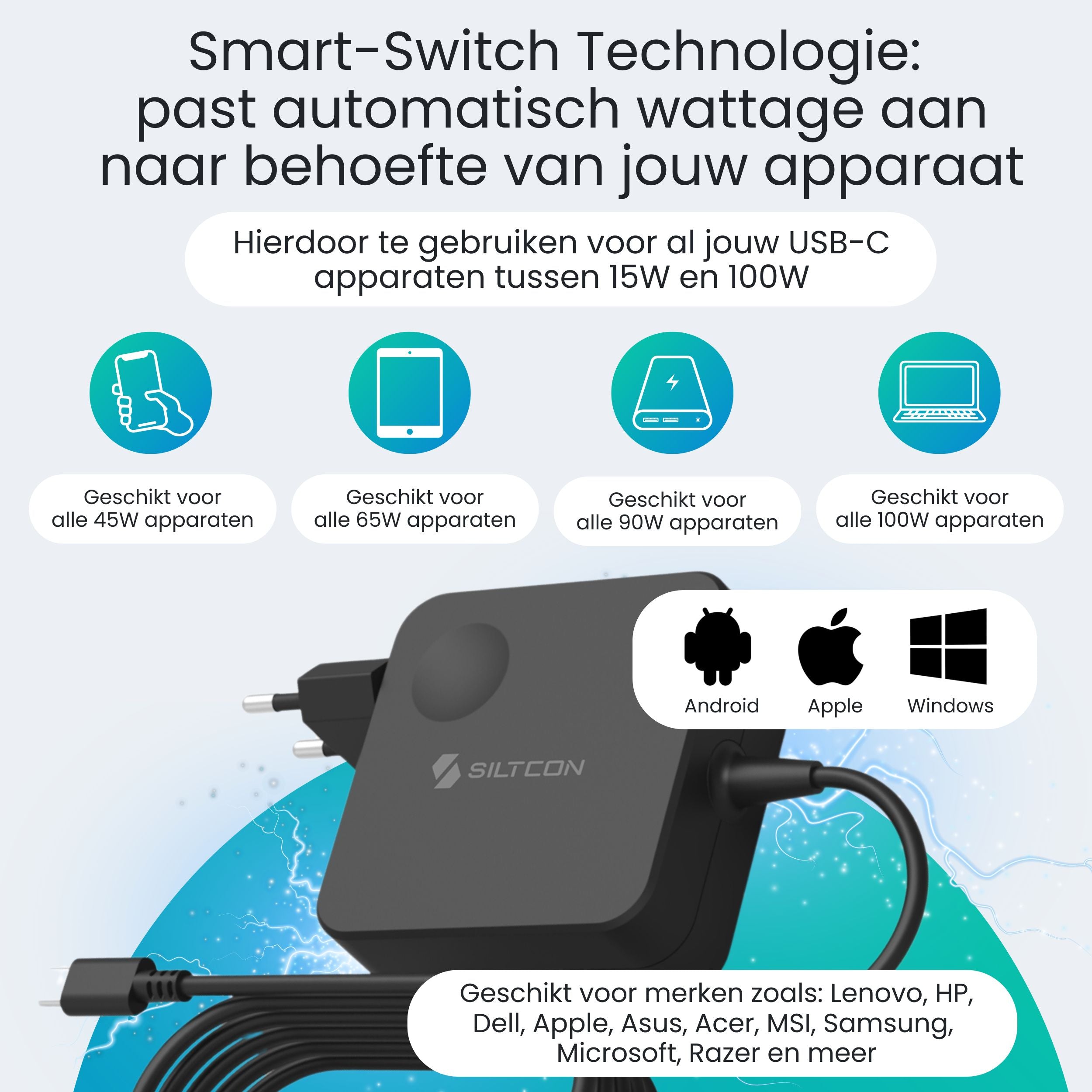 Siltcon 100W USB C Adapter – Snellader voor Laptop & Smartphone