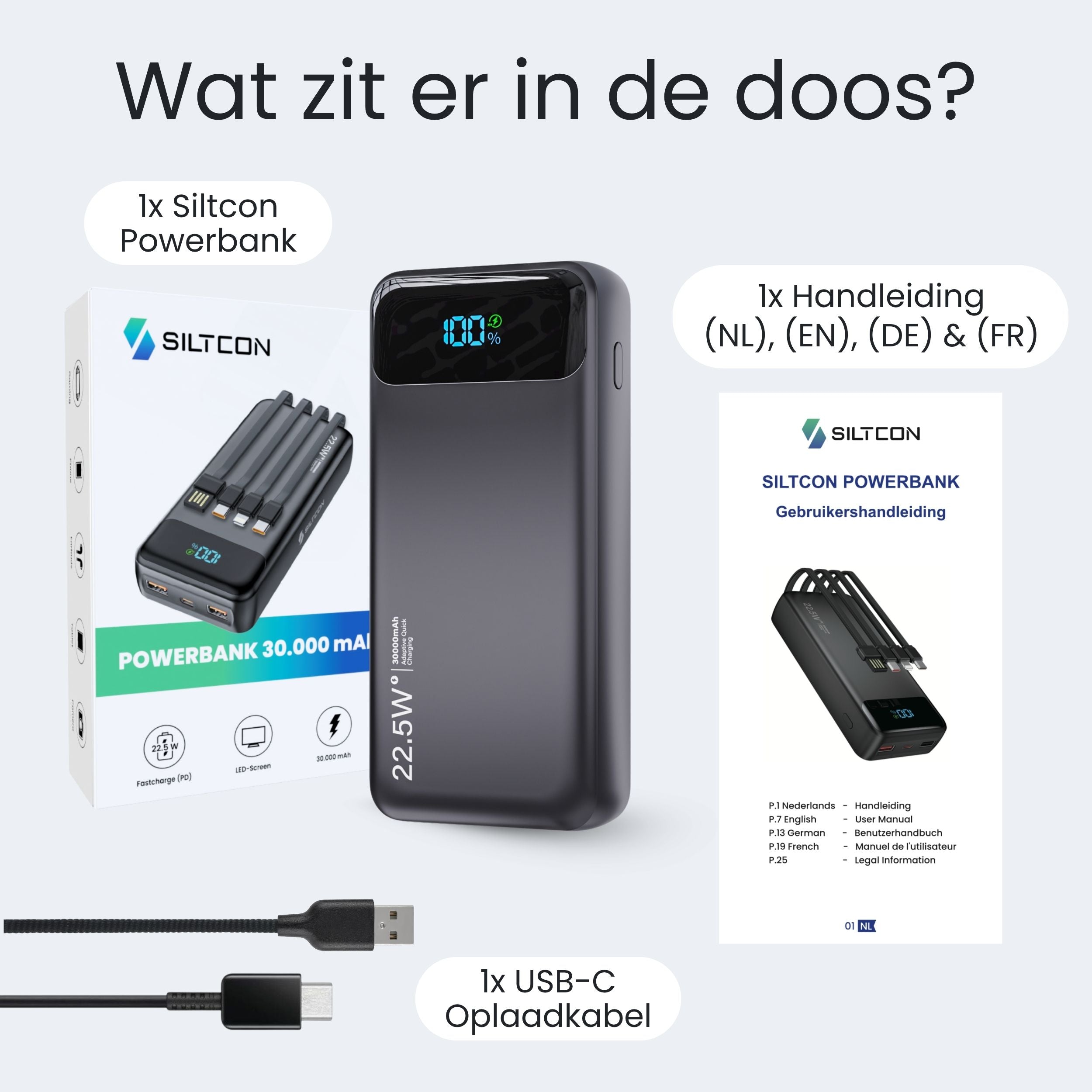 Siltcon Powerbank 30000 mAh – Snelladen & Ingebouwde Kabels