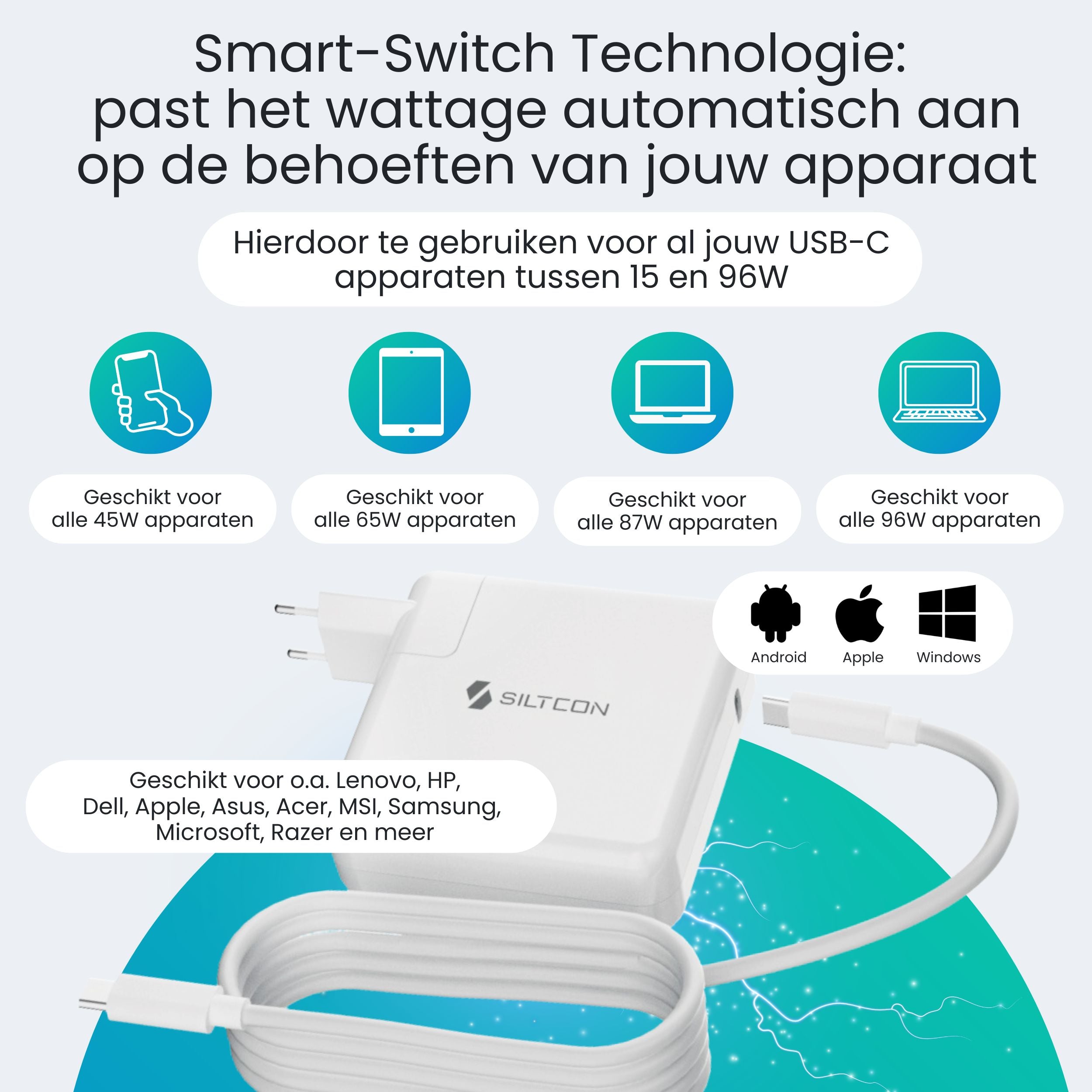 Siltcon USB-C Adapter 96W – Snellader MacBook, iPhone & Laptop