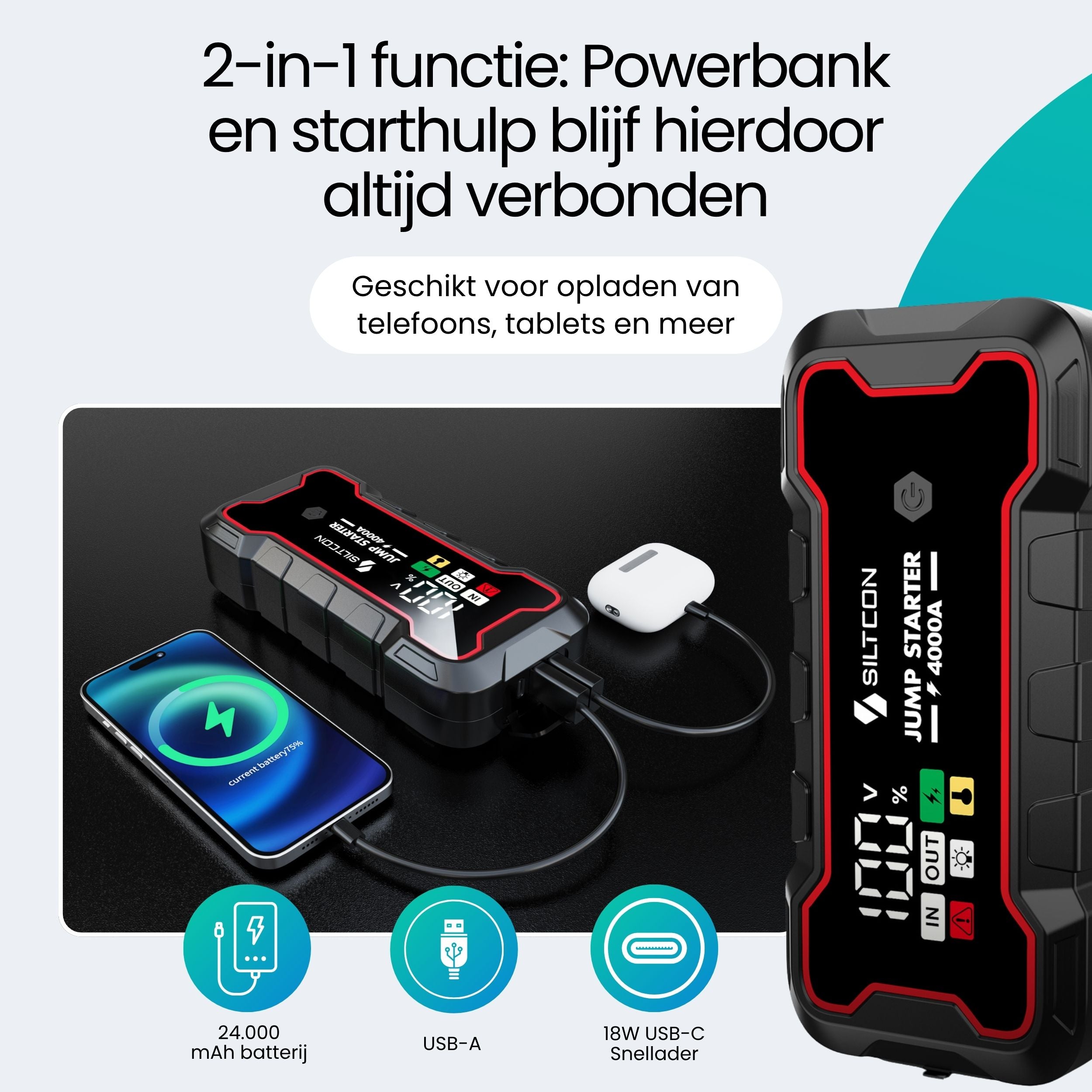 Siltcon Jumpstarter Voor Auto 4000A – Accu Starter & Powerbank 24000mAh