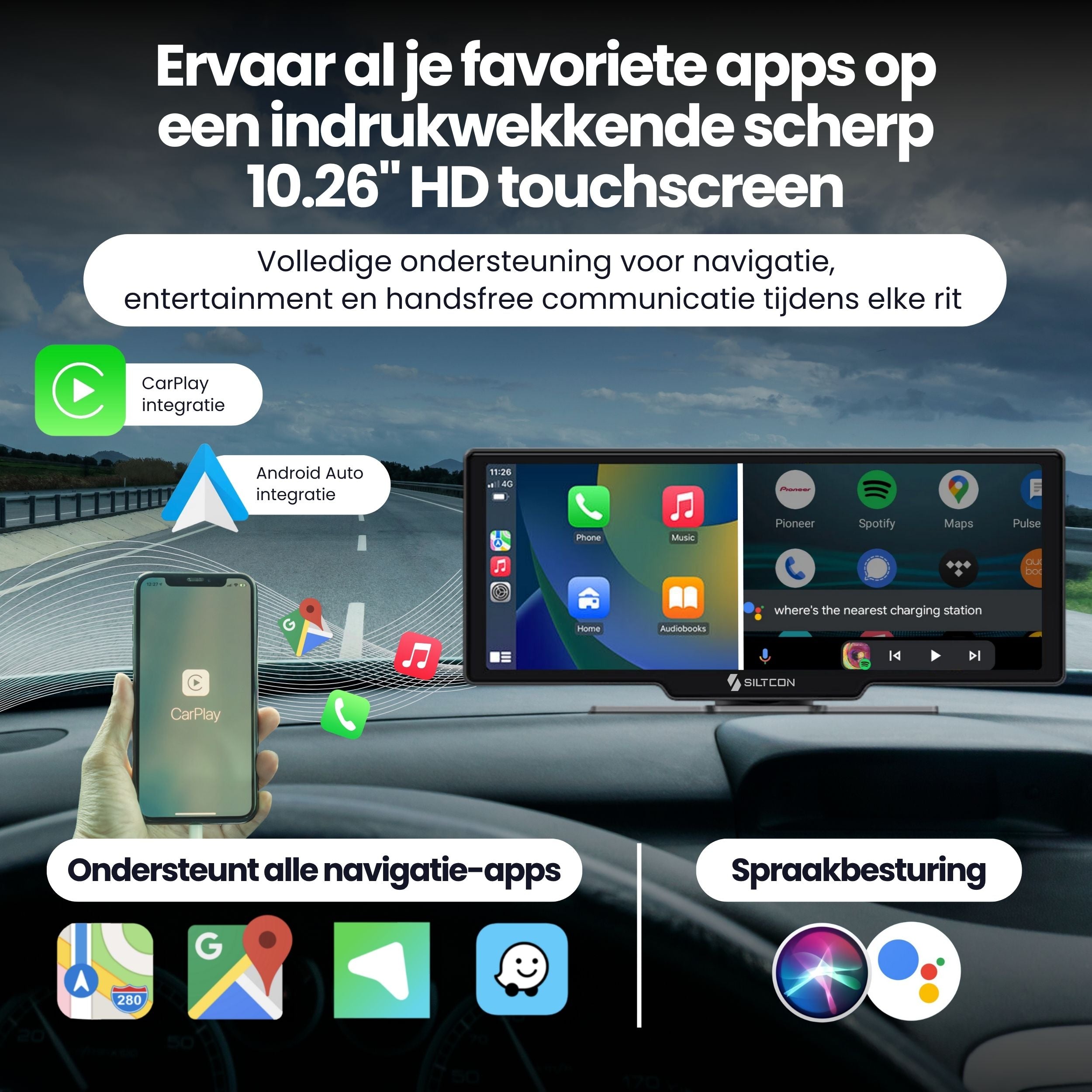 Siltcon 10.26” CarPlay Scherm – Draadloos voor iOS & Android