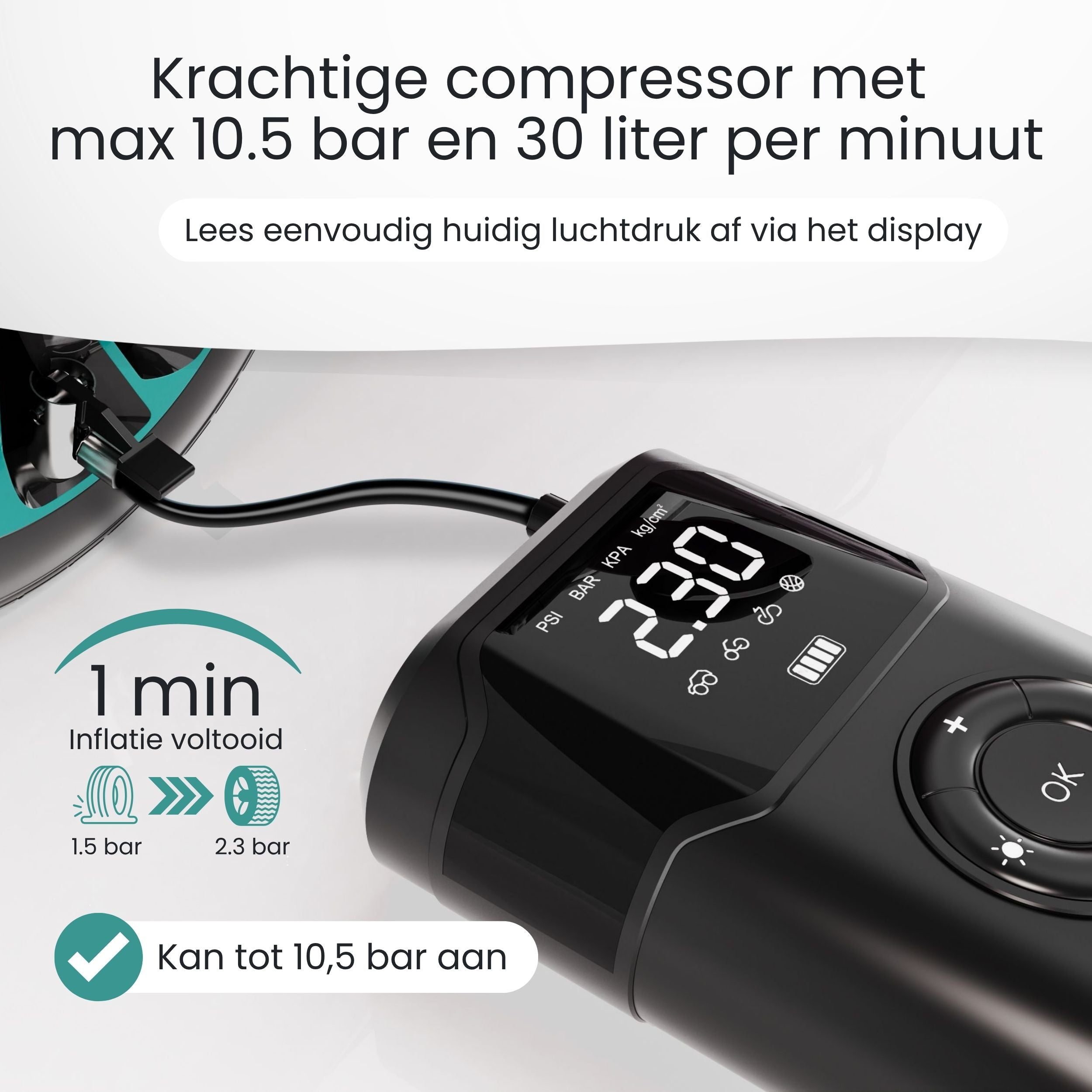 Siltcon Luchtcompressor – 30L/min – 10.5 bar automatische bandenpomp - Siltcon