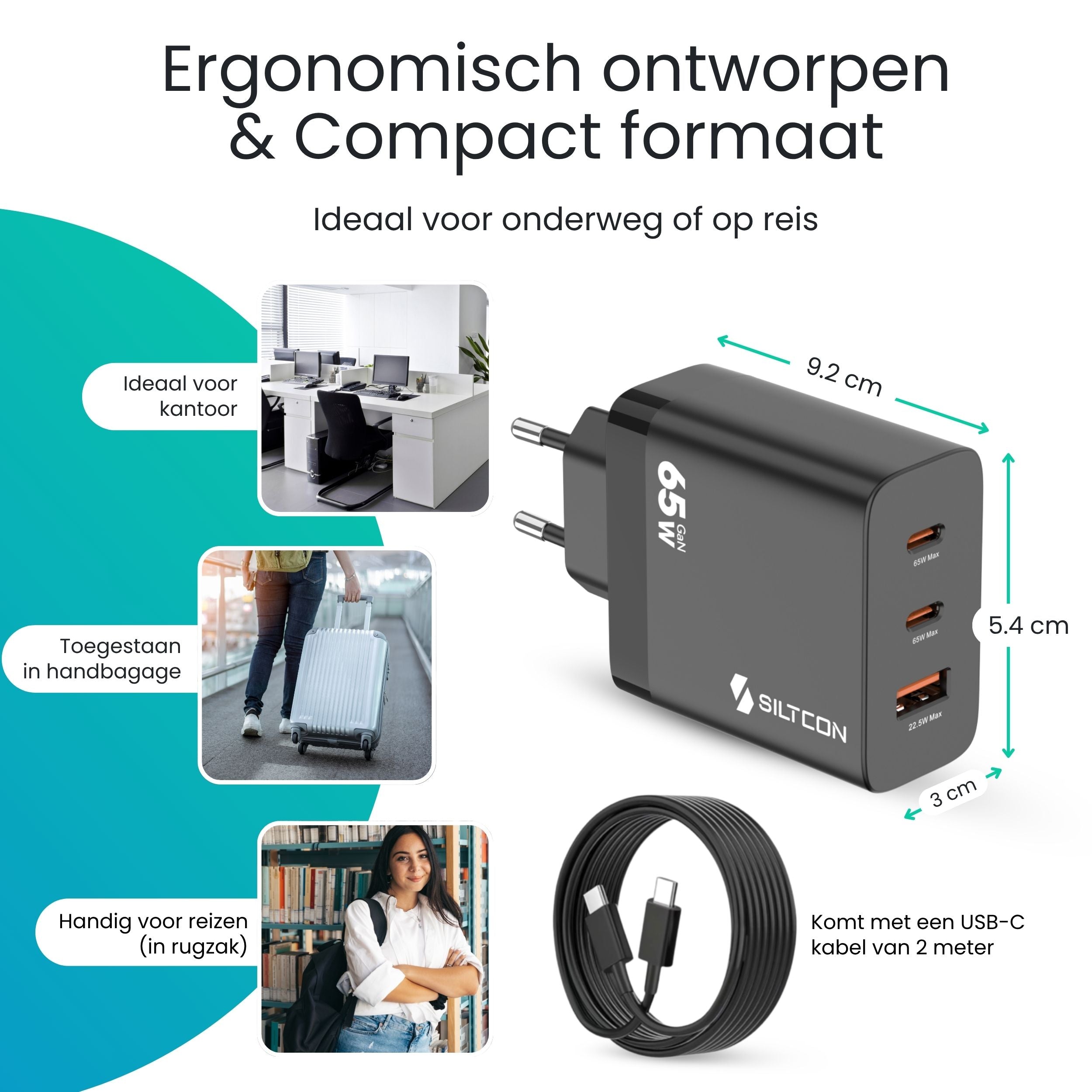 Siltcon 65W USB-C Adapter – Snellader voor Laptop & iPhone