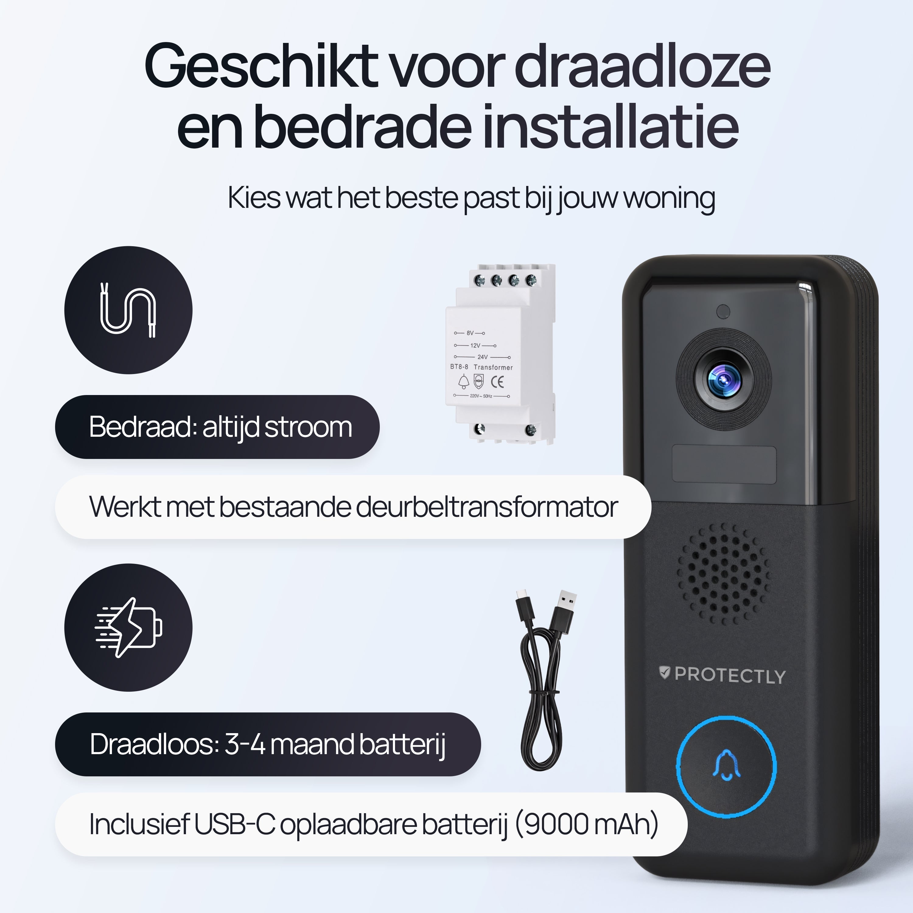 Protectly® Video Deurbel Draadloos & Bedraad 2K