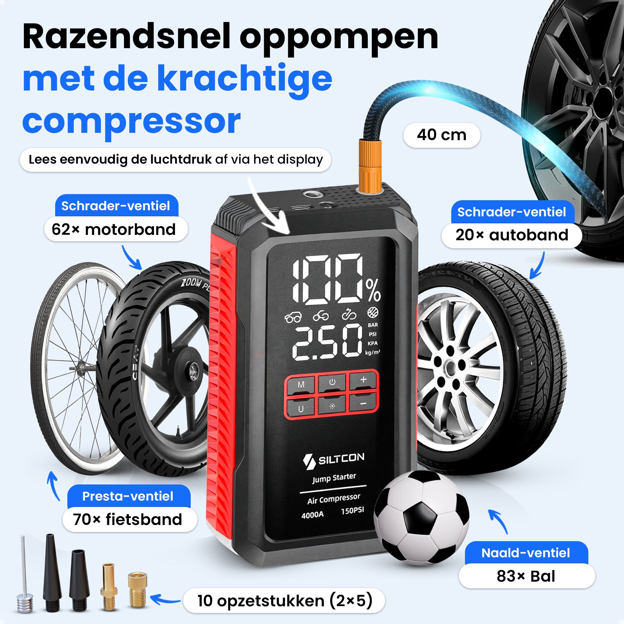 Siltcon® 12V 5-in-1 Jumpstarter voor Auto met Compressor