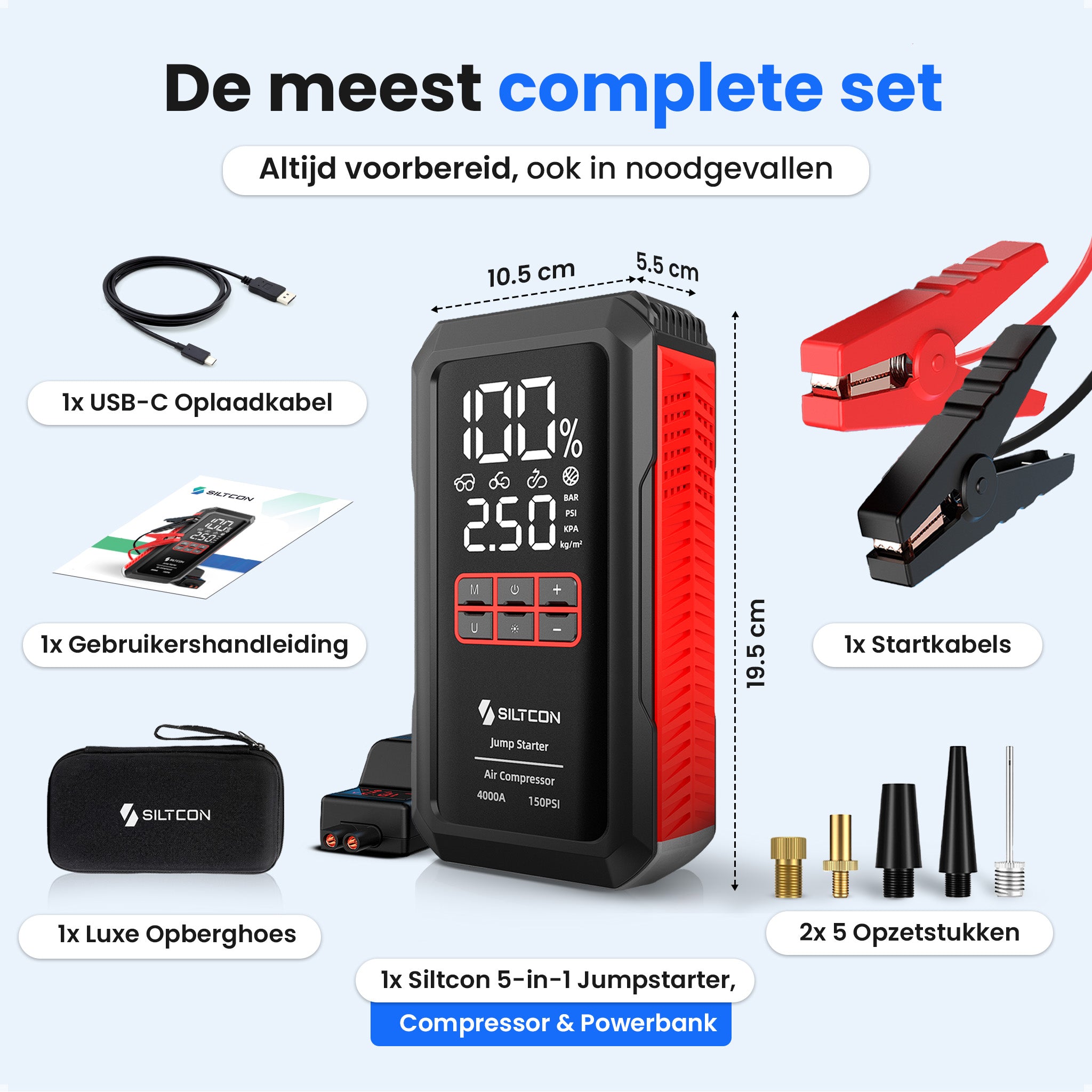 Siltcon® 12V 5-in-1 Jumpstarter voor Auto met Compressor