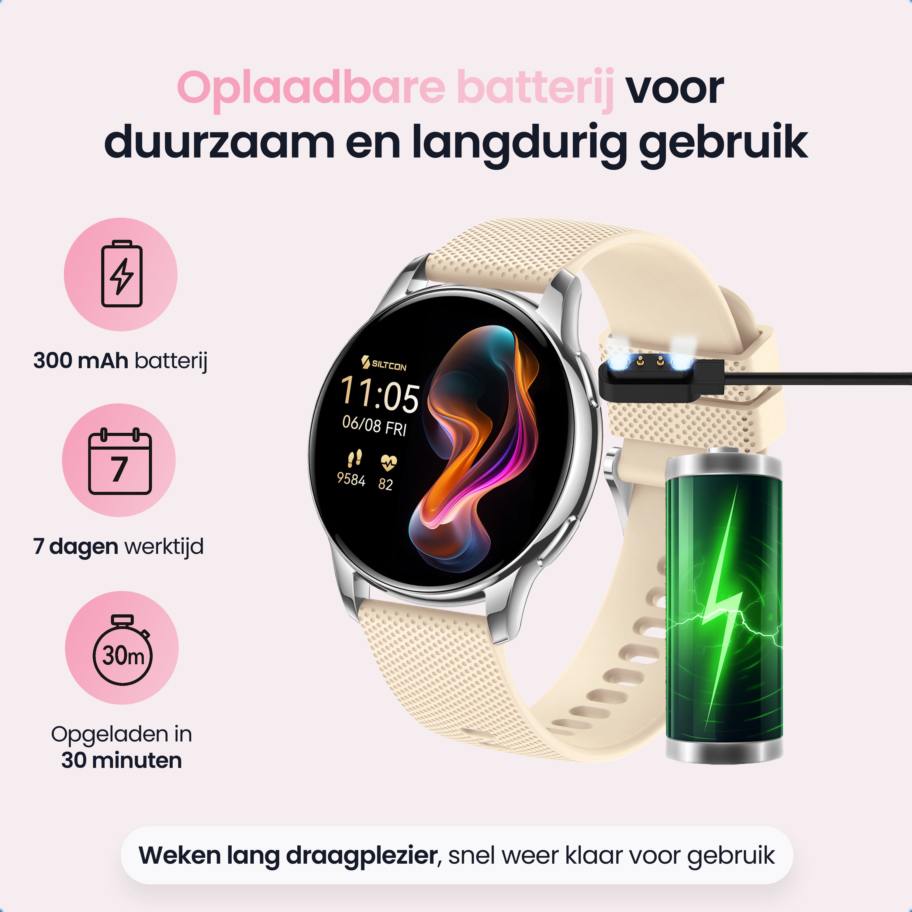 Siltcon Auréa Smartwatch Dames Zilver – Incl. 5 bandjes - Siltcon