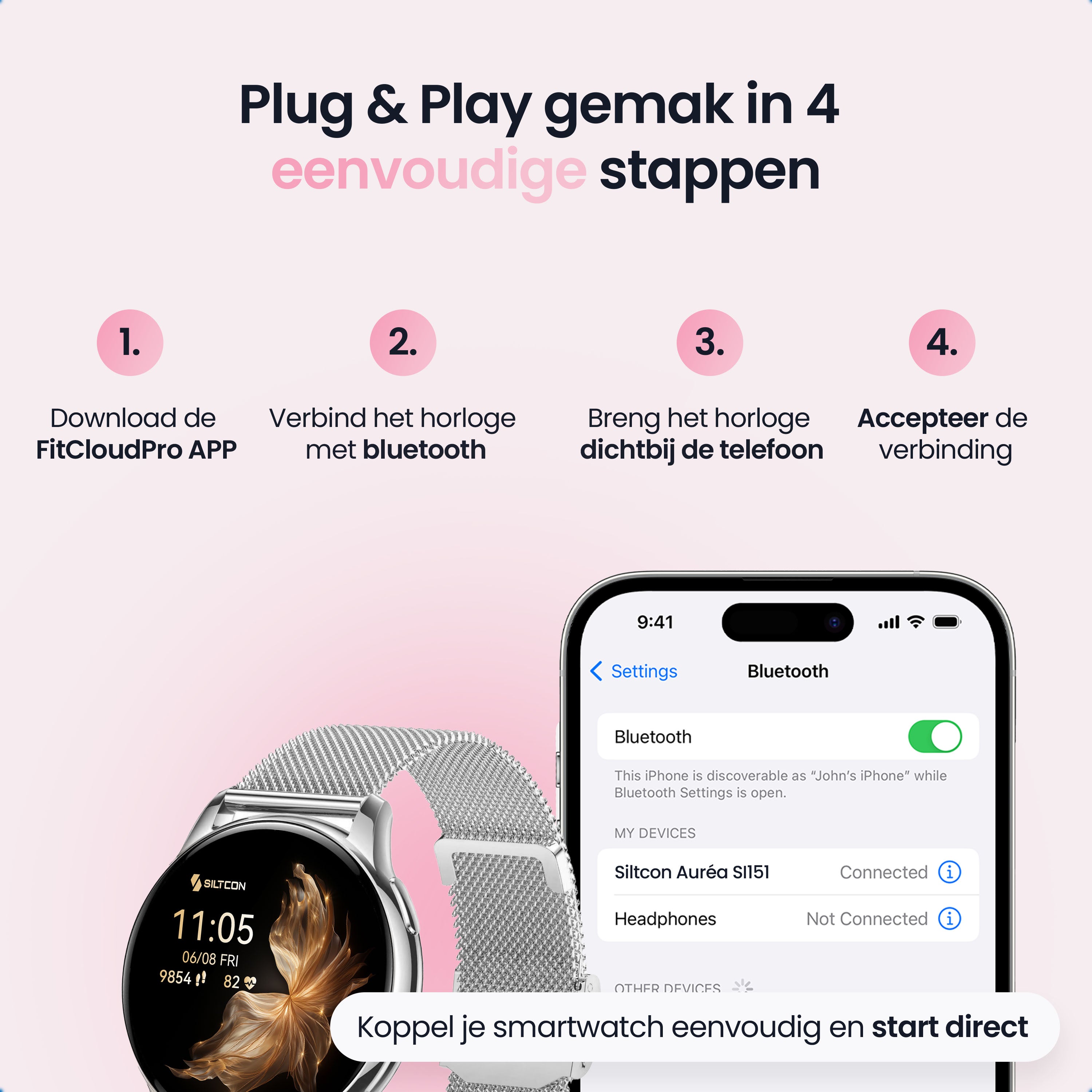 Siltcon Auréa Smartwatch Dames Zilver – Incl. 5 bandjes - Siltcon