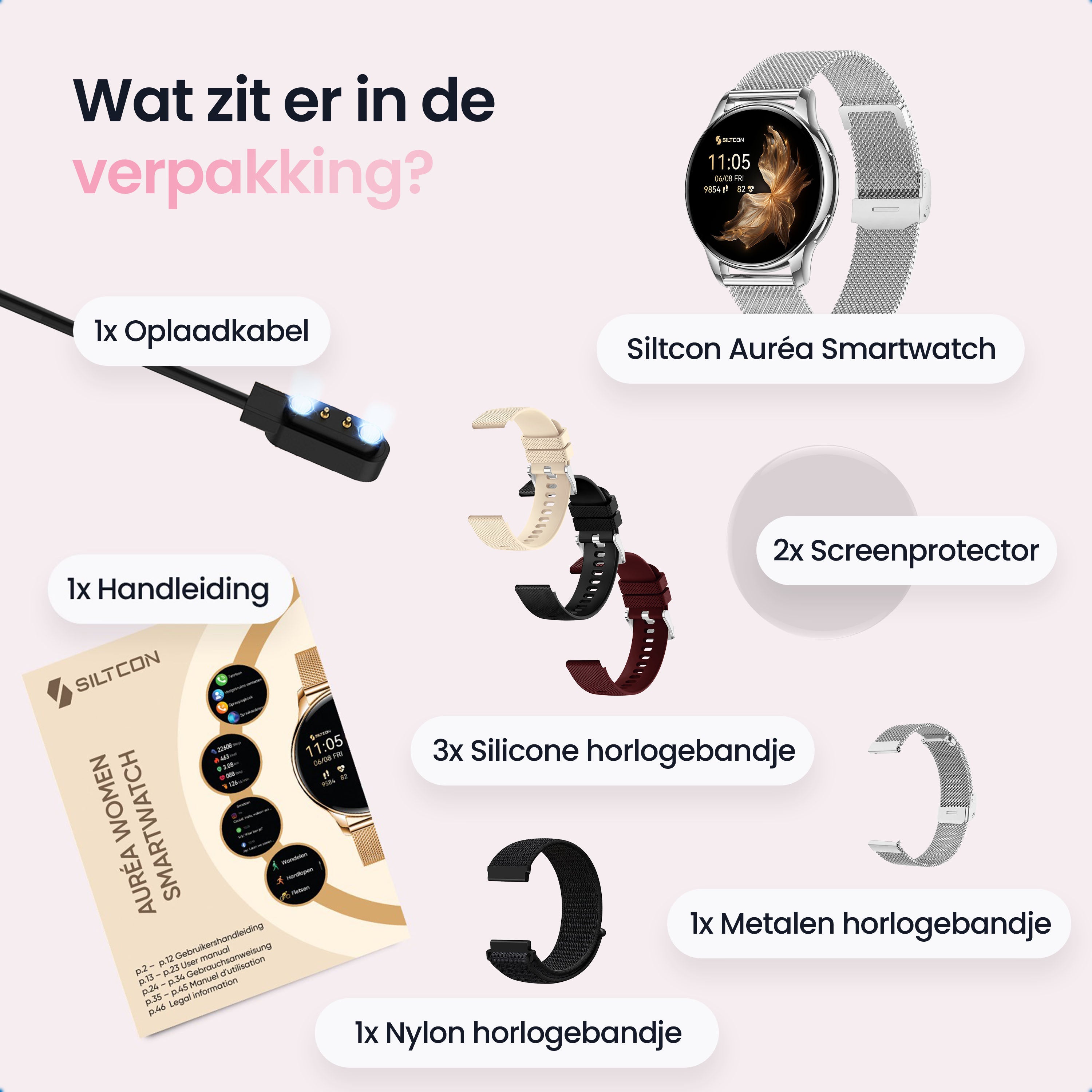 Siltcon Auréa Smartwatch Dames Zilver – Incl. 5 bandjes - Siltcon