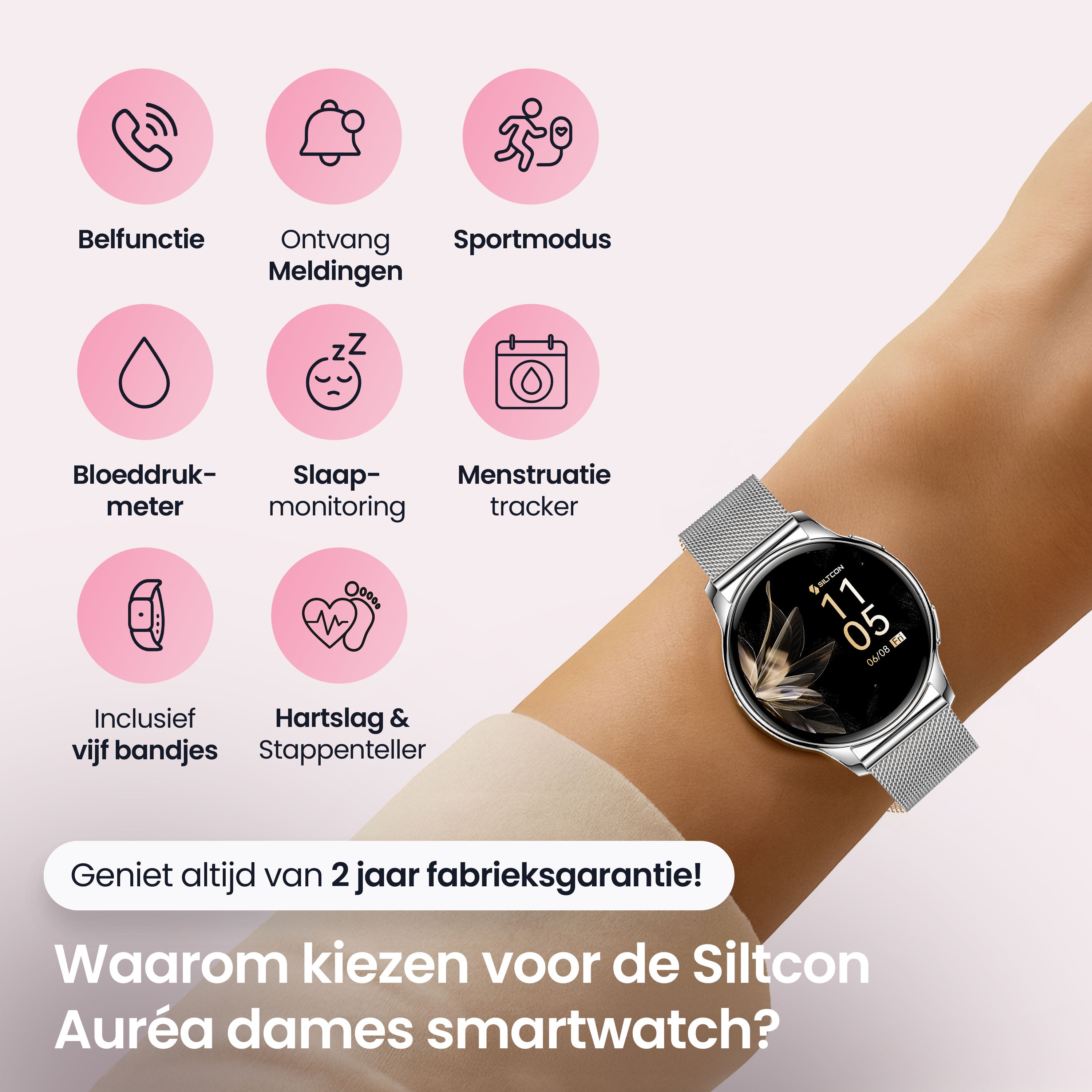 Siltcon Auréa Smartwatch Dames Zilver – Incl. 5 bandjes - Siltcon