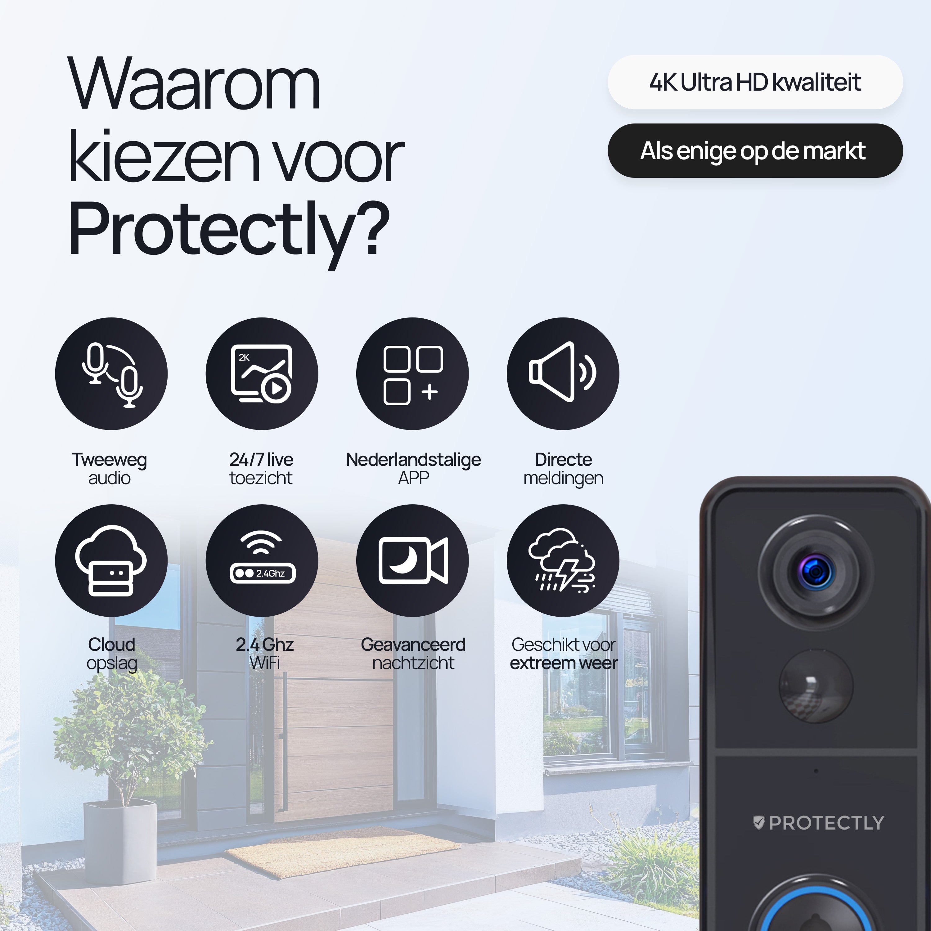 Protectly® Slimme Draadloze Video Deurbel 4K Beeldkwaliteit