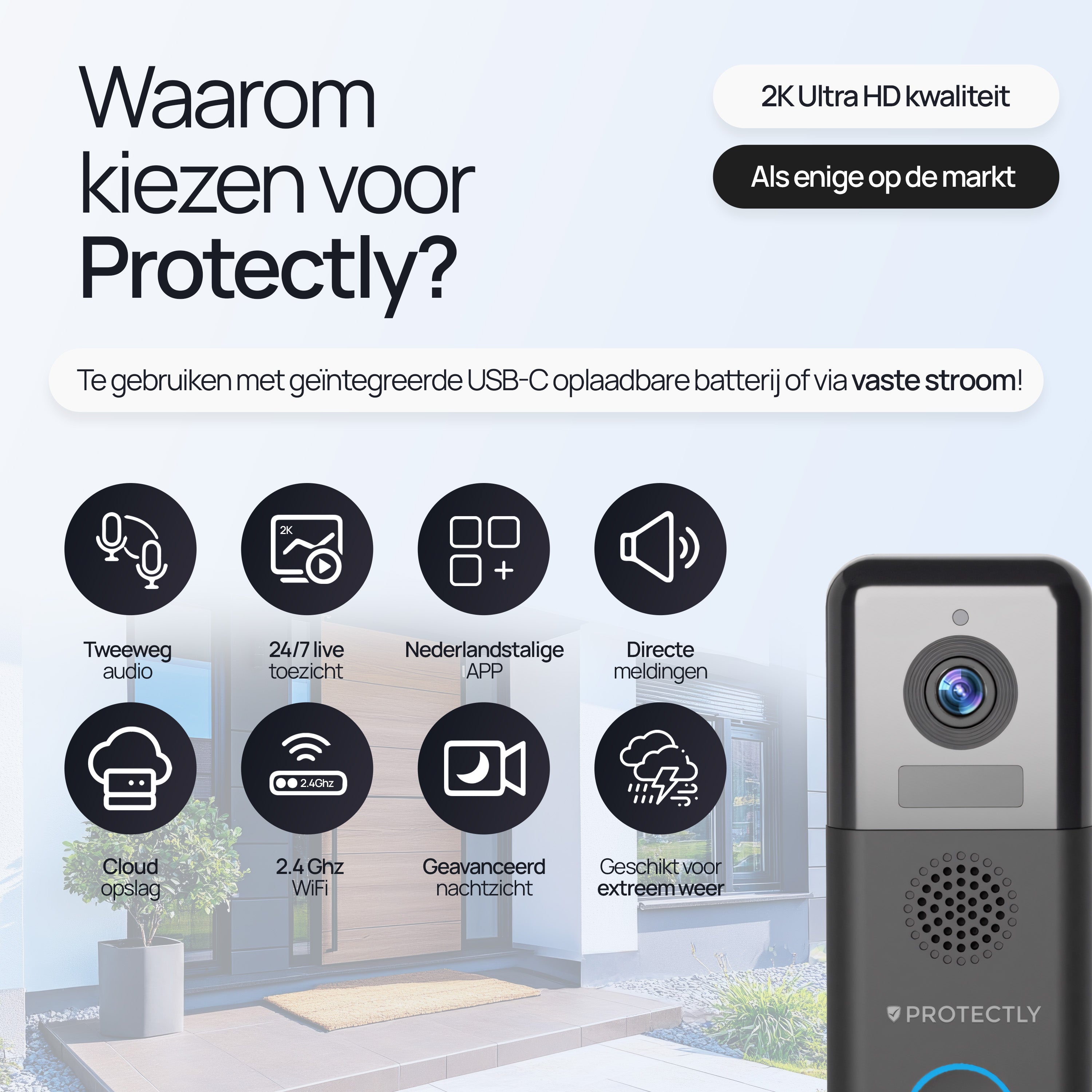 Protectly® Video Deurbel Draadloos & Bedraad 2K