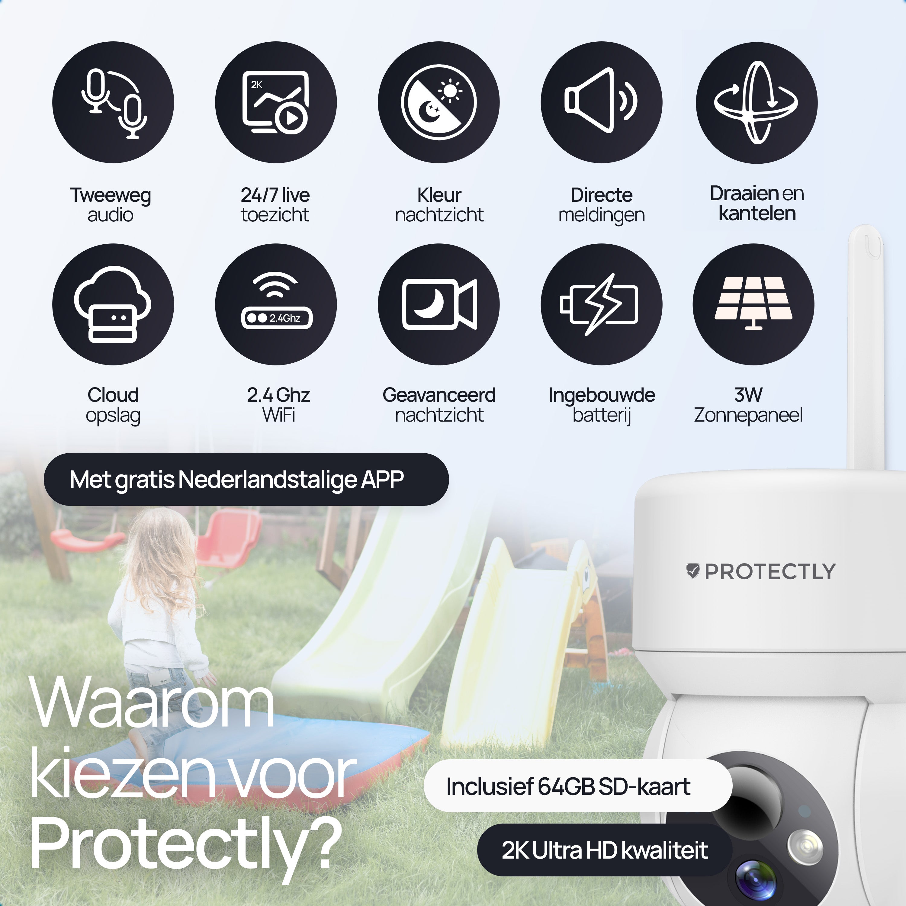 Protectly – Draadloze Beveiligingscamera Wit – 2K Nachtzicht & Appbediening - Siltcon