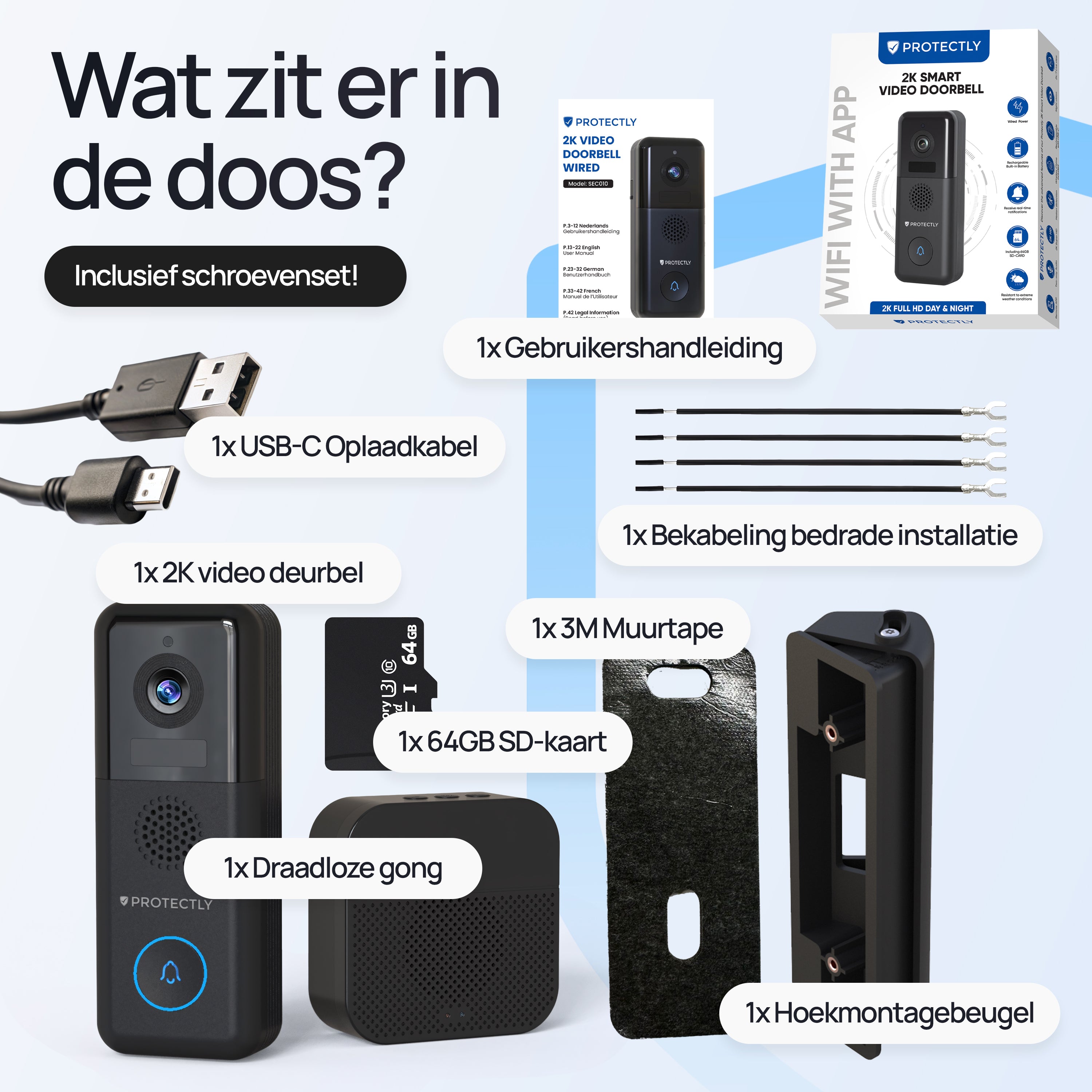 Protectly® Video Deurbel Draadloos & Bedraad 2K