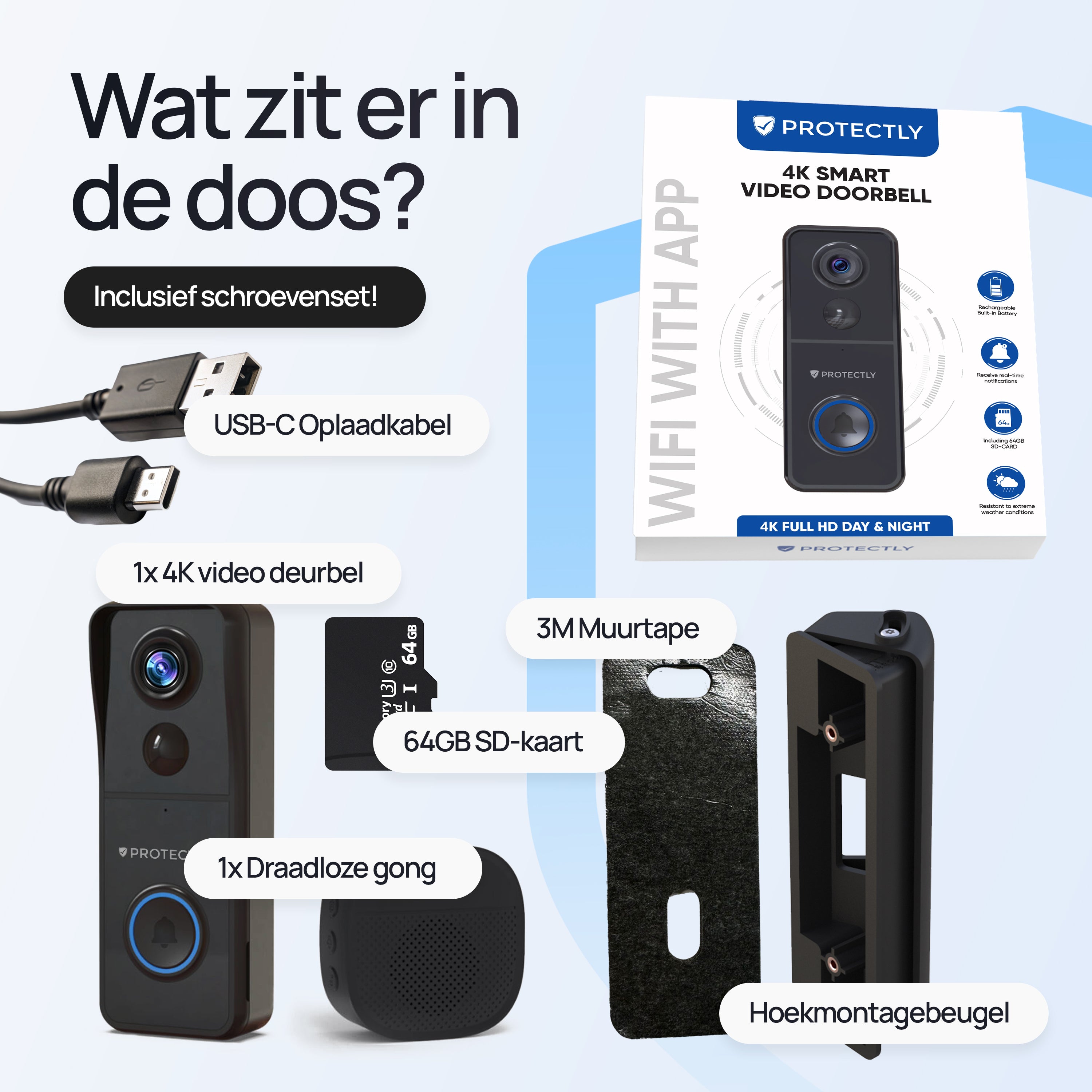 Protectly® Slimme Draadloze Video Deurbel 4K Beeldkwaliteit