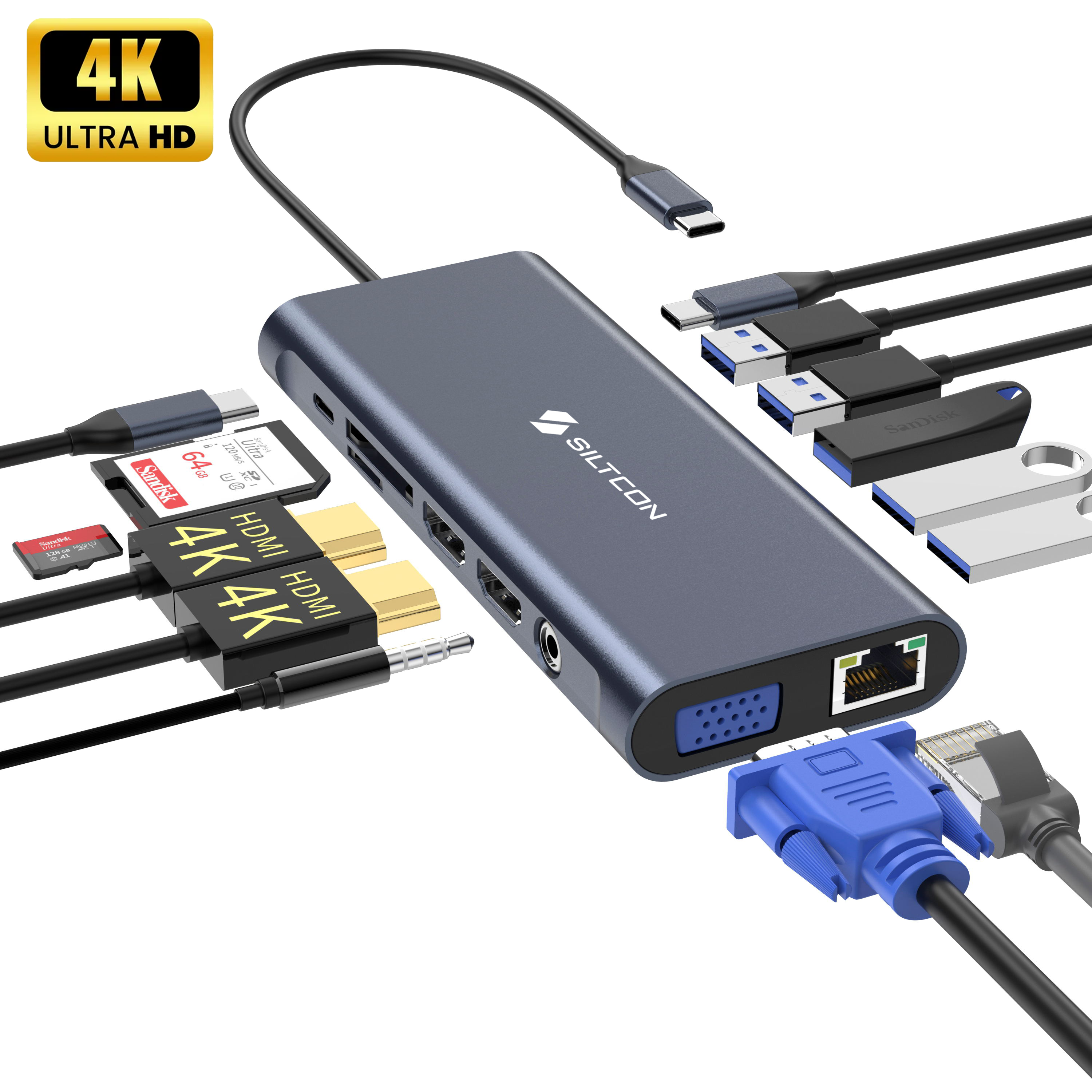 Hub USB C Siltcon® 14 en 1 - Station d'accueil pour ordinateur portable 2x HDMI 4K - VGA - RJ45