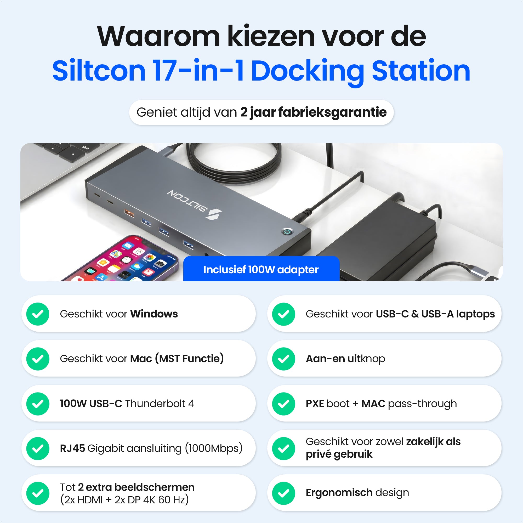Siltcon – 17-in-1 & Dual 4K – Docking Station met USB-C & 100W Power Delivery