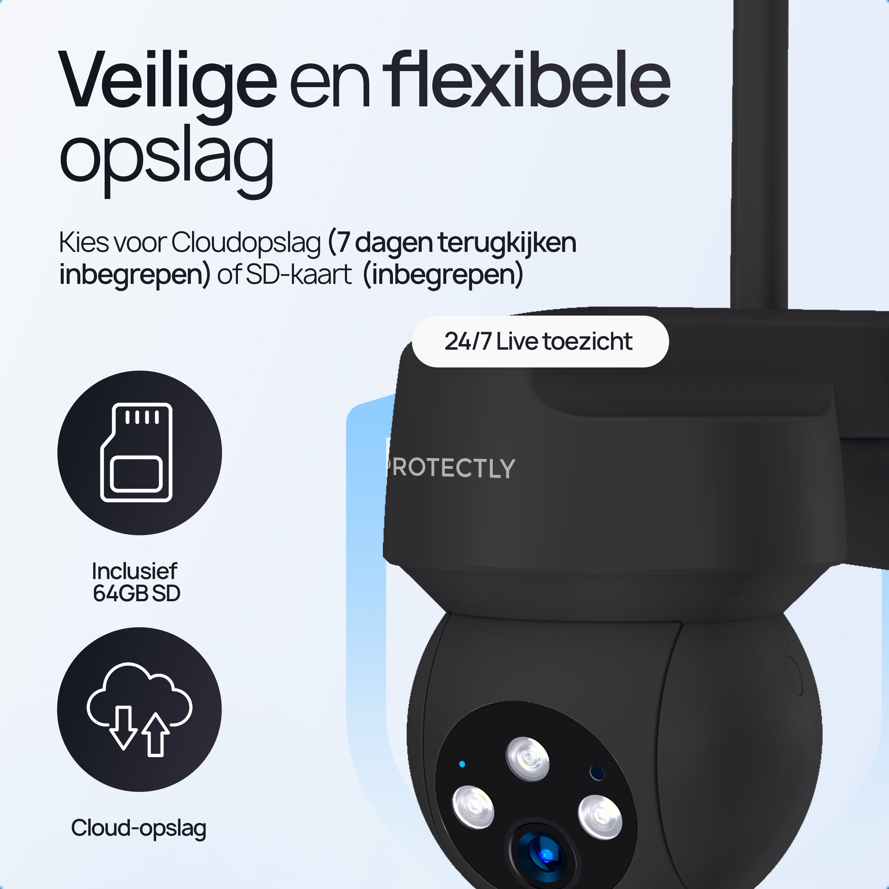 Protectly® Beveiligingscamera Buiten - 3K HD 5MP - Met WiFi en APP - Incl. 64GB SD - Zwart