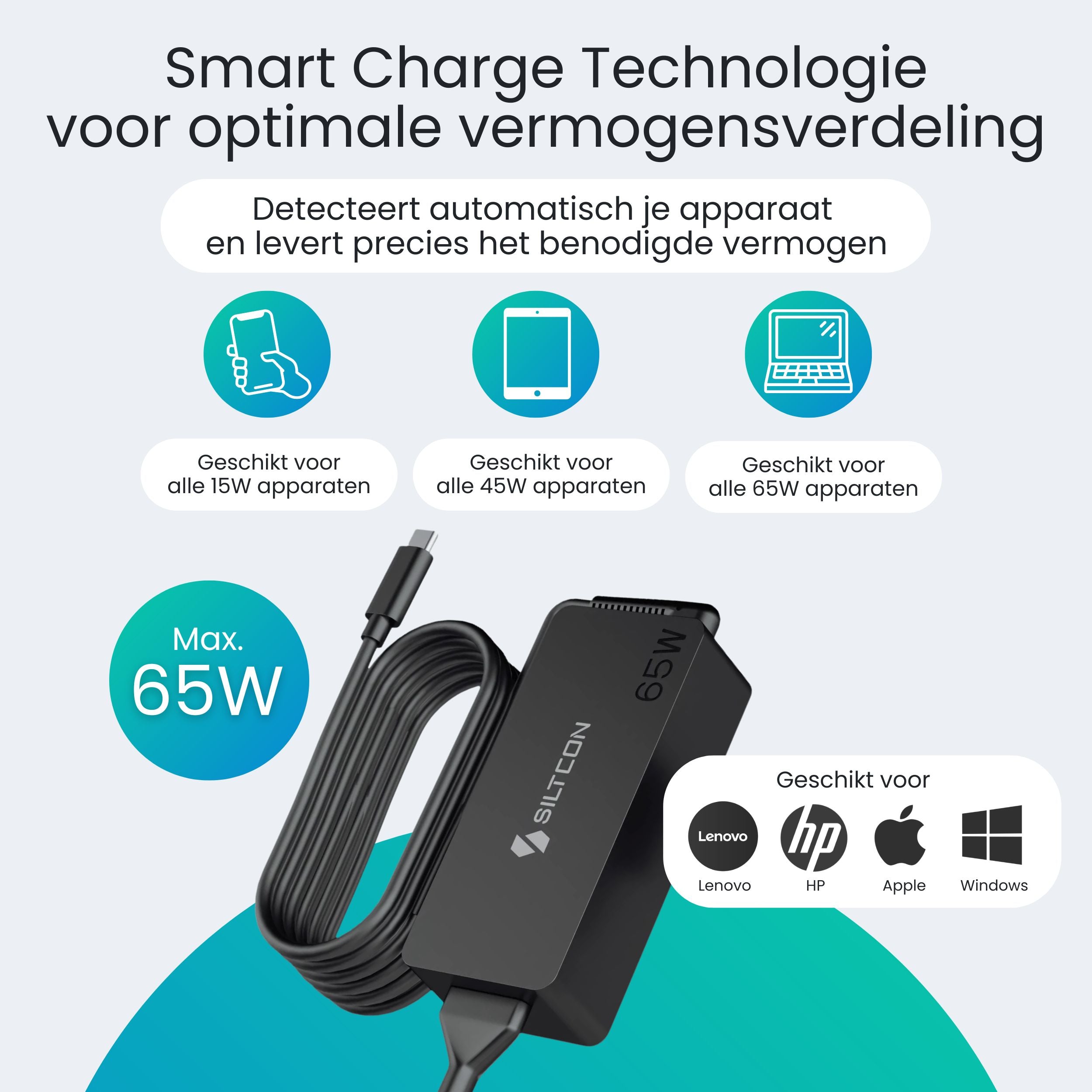 Siltcon 65W USB-C Adapter – Snelladen zonder gewicht – Universeel voor al je apparaten