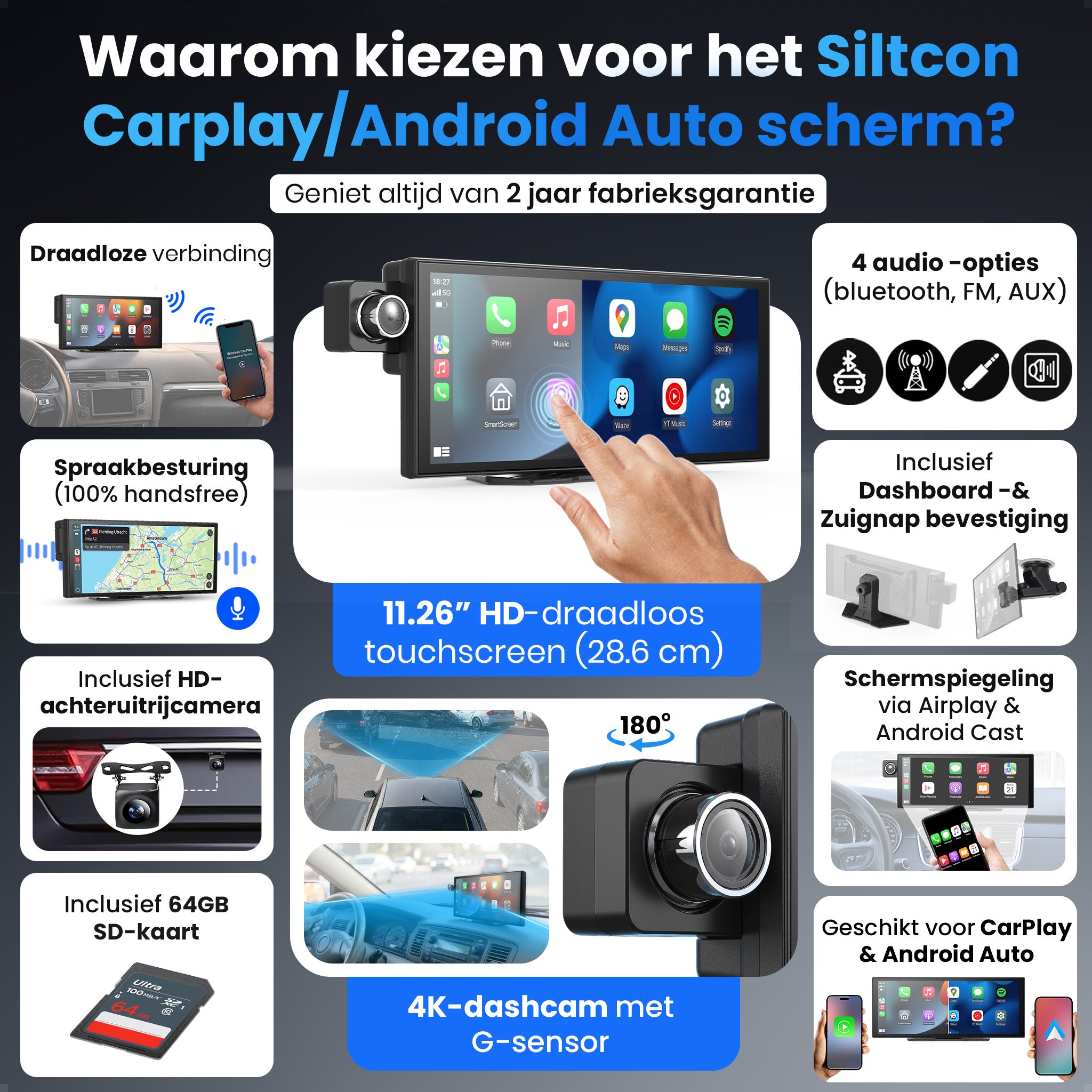 Siltcon® 11.26" Carplay / Android Auto Scherm & 4K Dashcam